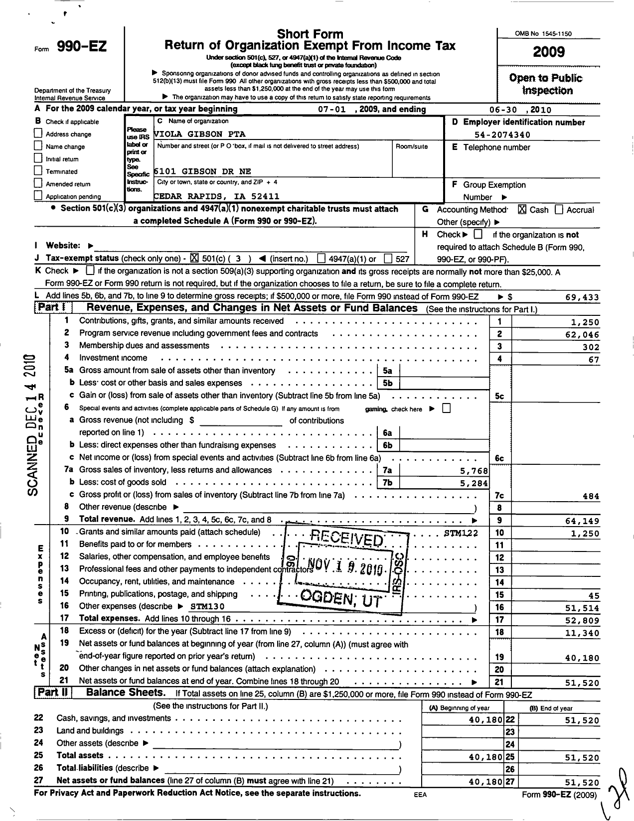 Image of first page of 2009 Form 990EZ for PTA Iowa Congress / Viola Gibson Elementary School