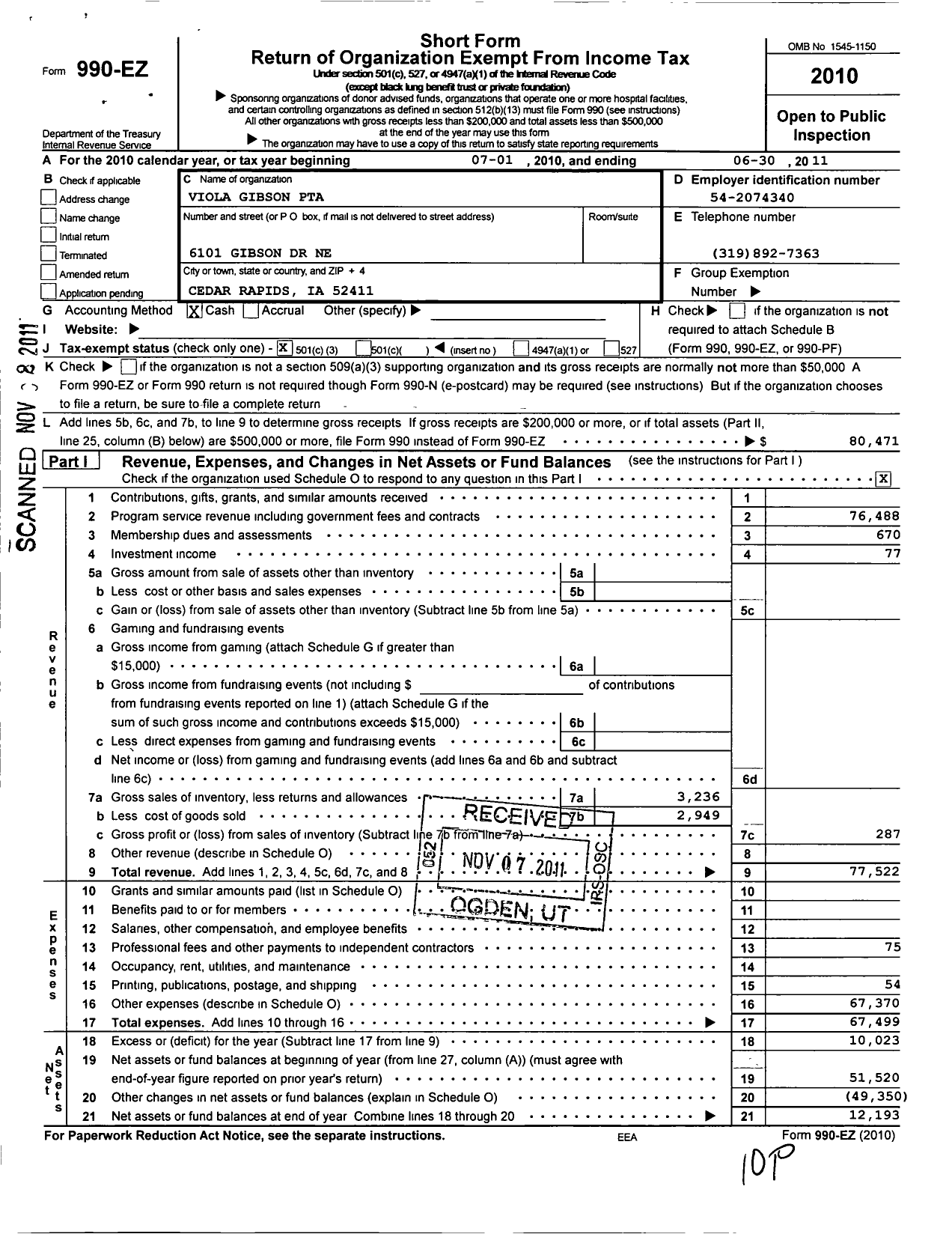 Image of first page of 2010 Form 990EZ for PTA Iowa Congress / Viola Gibson Elementary School