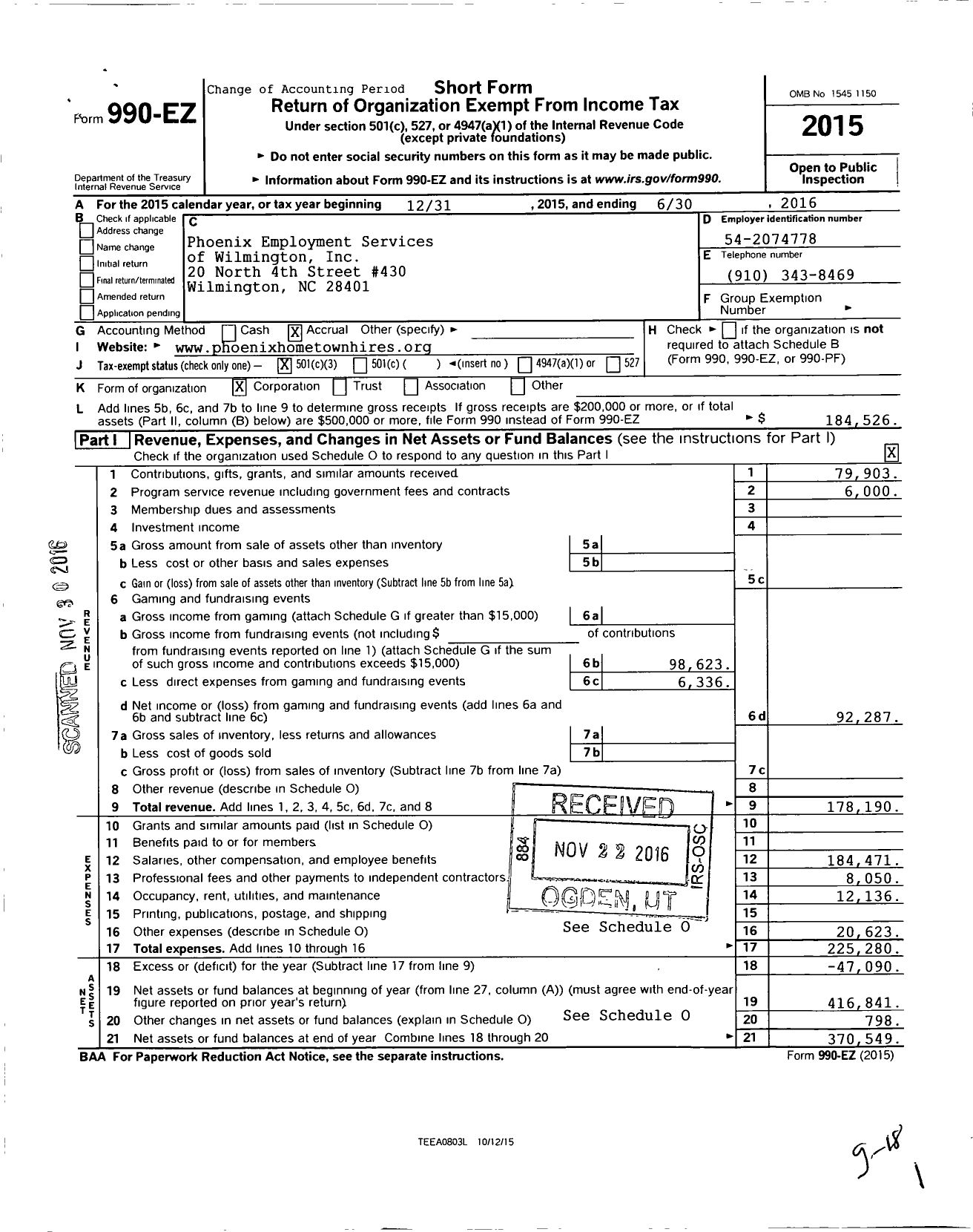 Image of first page of 2015 Form 990EZ for StepUp Wilm