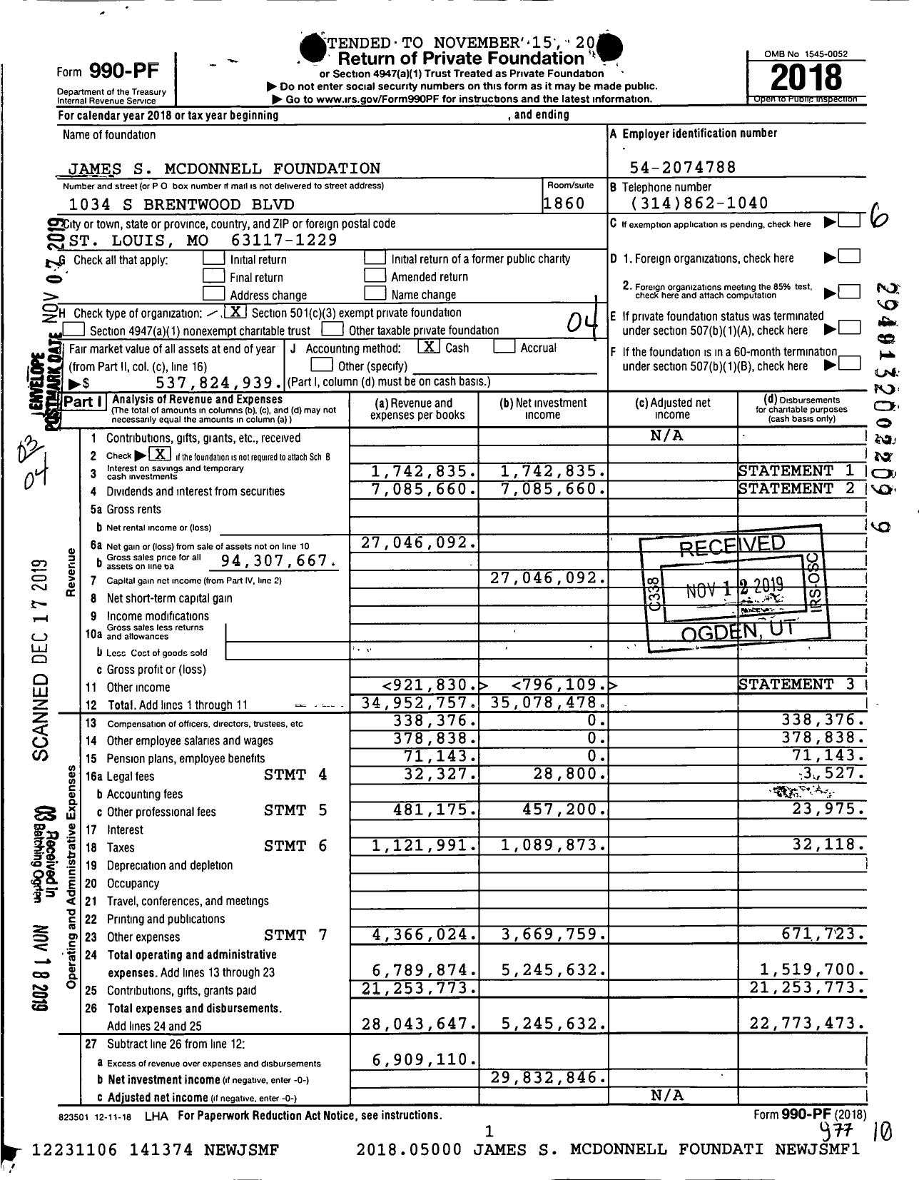 Image of first page of 2018 Form 990PF for James S. McDonnell Foundation (JSMF)