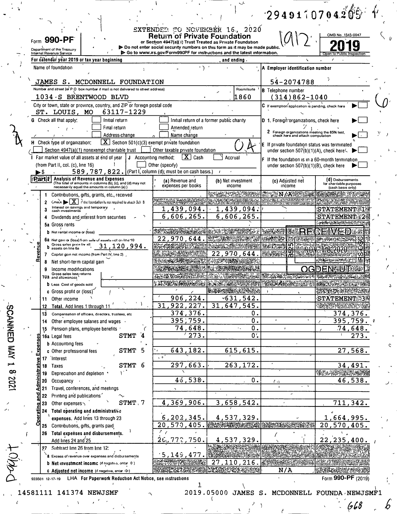 Image of first page of 2019 Form 990PF for James S. McDonnell Foundation (JSMF)