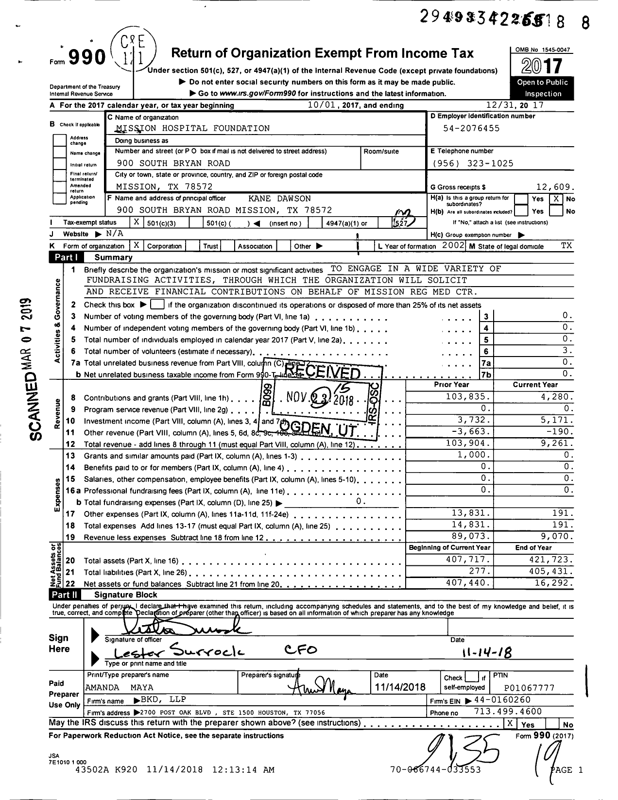 Image of first page of 2017 Form 990 for Mission Hospital Foundation