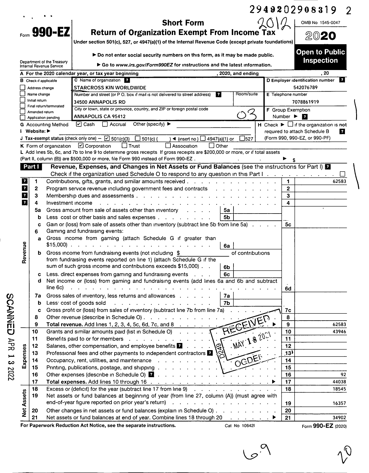 Image of first page of 2020 Form 990EZ for Starcross Kin Worldwide