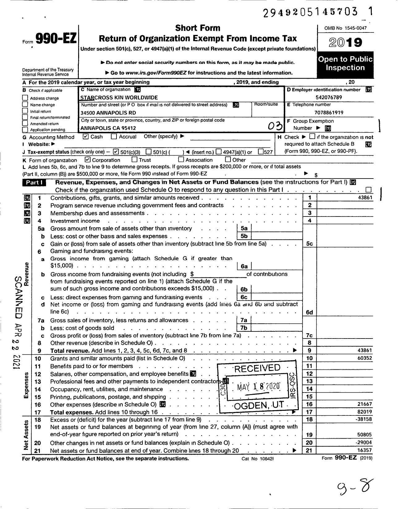 Image of first page of 2019 Form 990EZ for Starcross Kin Worldwide