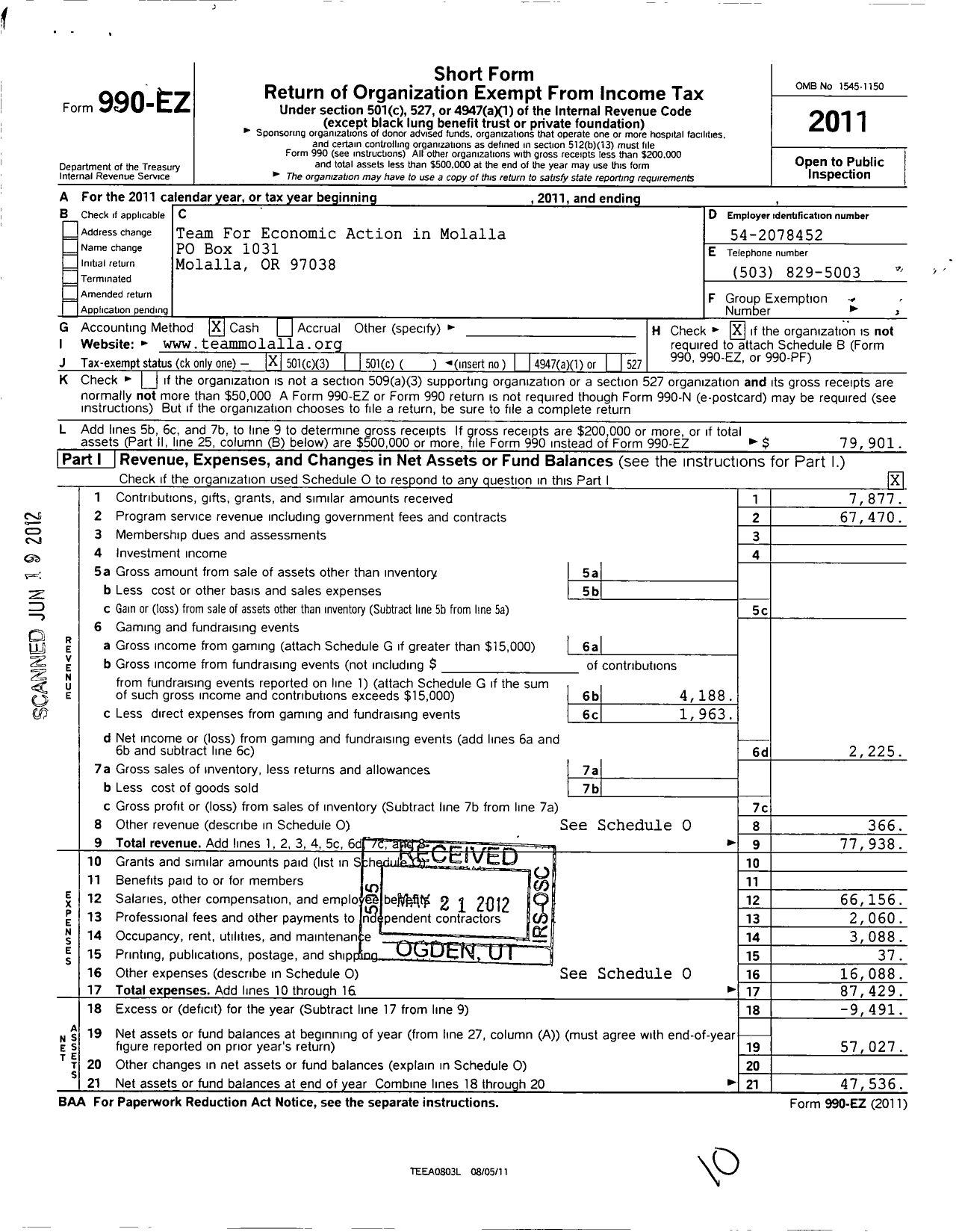 Image of first page of 2011 Form 990EZ for Team for Economic Action in Molalla