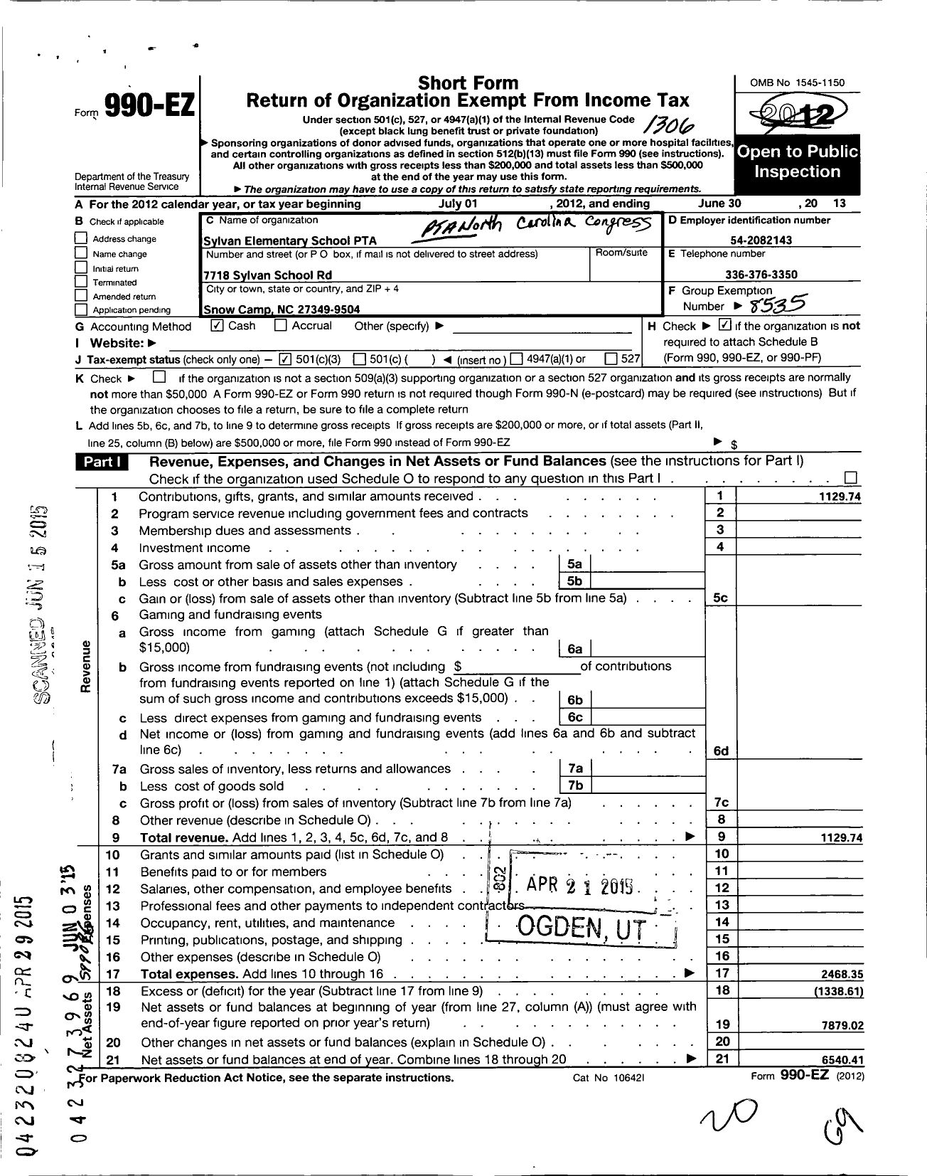 Image of first page of 2012 Form 990EZ for North Carolina PTA - Sylvan Elementary School