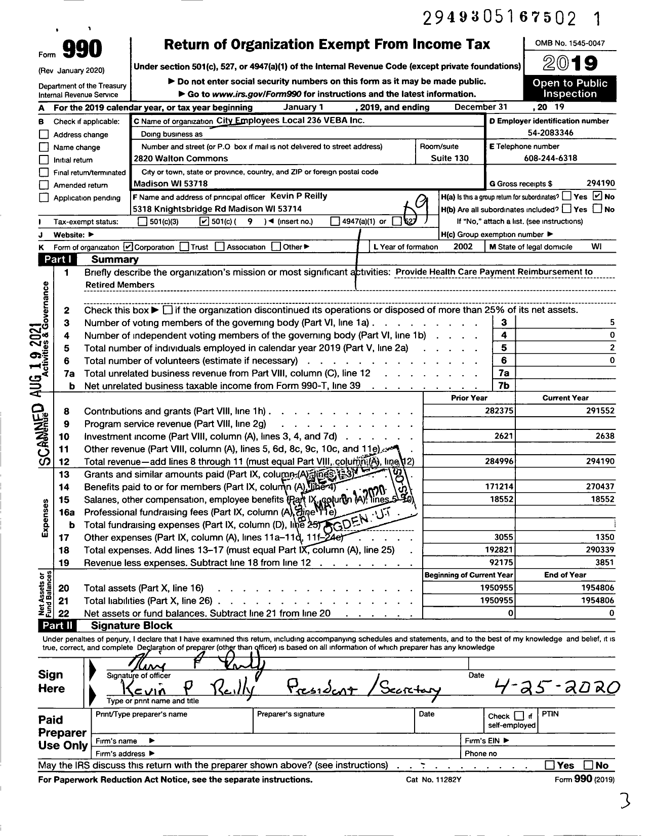 Image of first page of 2019 Form 990O for City Employees Local 236 VEBA