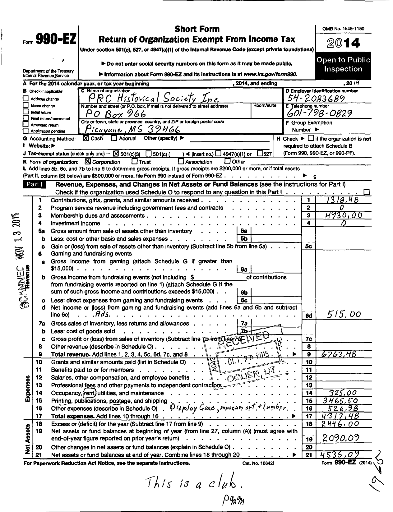 Image of first page of 2014 Form 990EZ for Pearl River County Historical Society