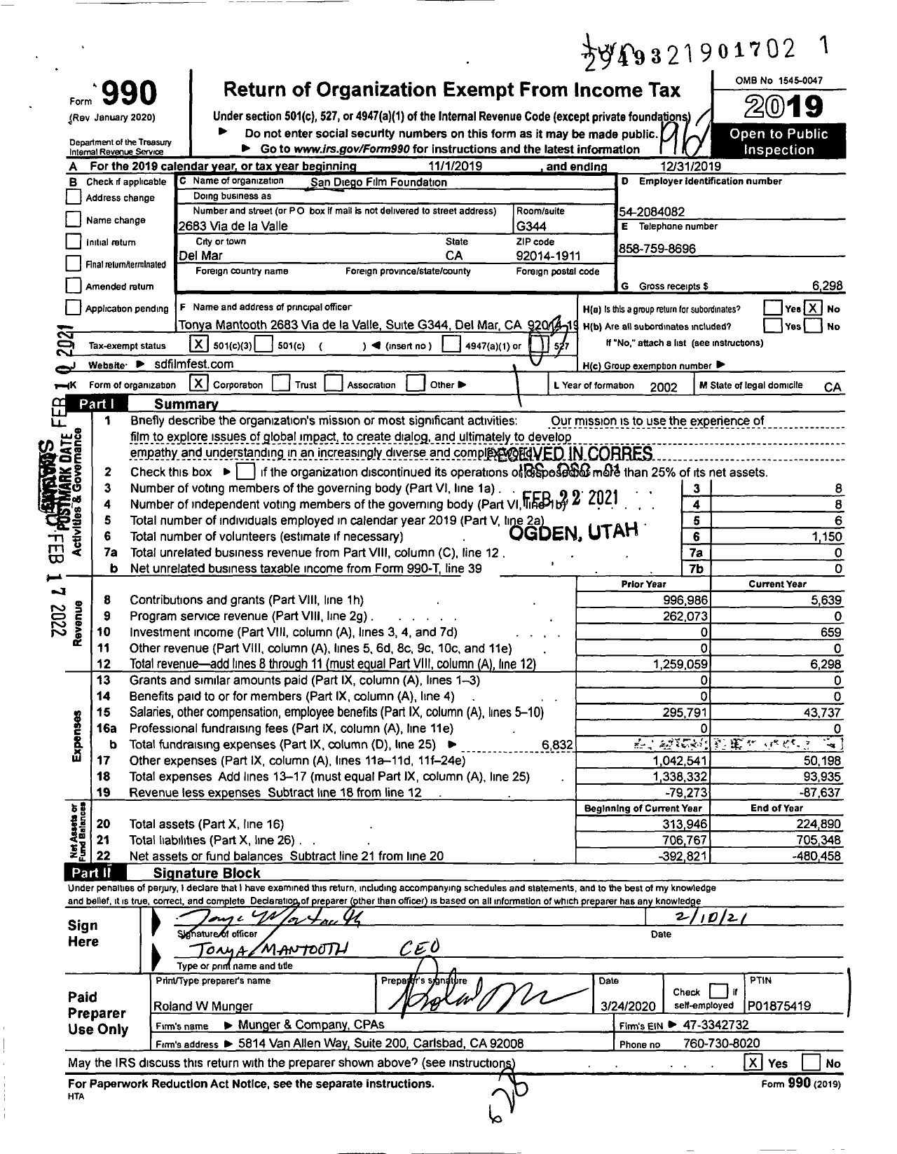 Image of first page of 2019 Form 990 for San Diego Film Foundation