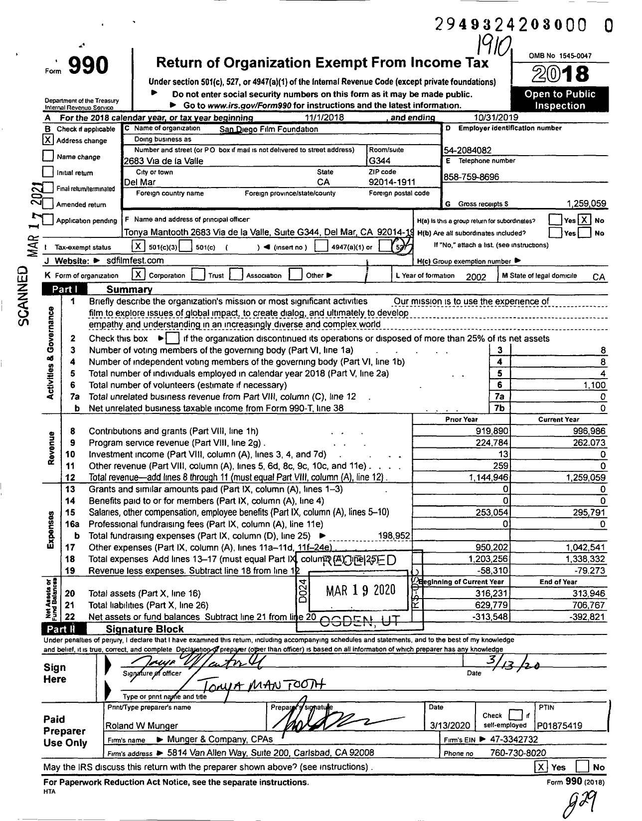 Image of first page of 2018 Form 990 for San Diego Film Foundation