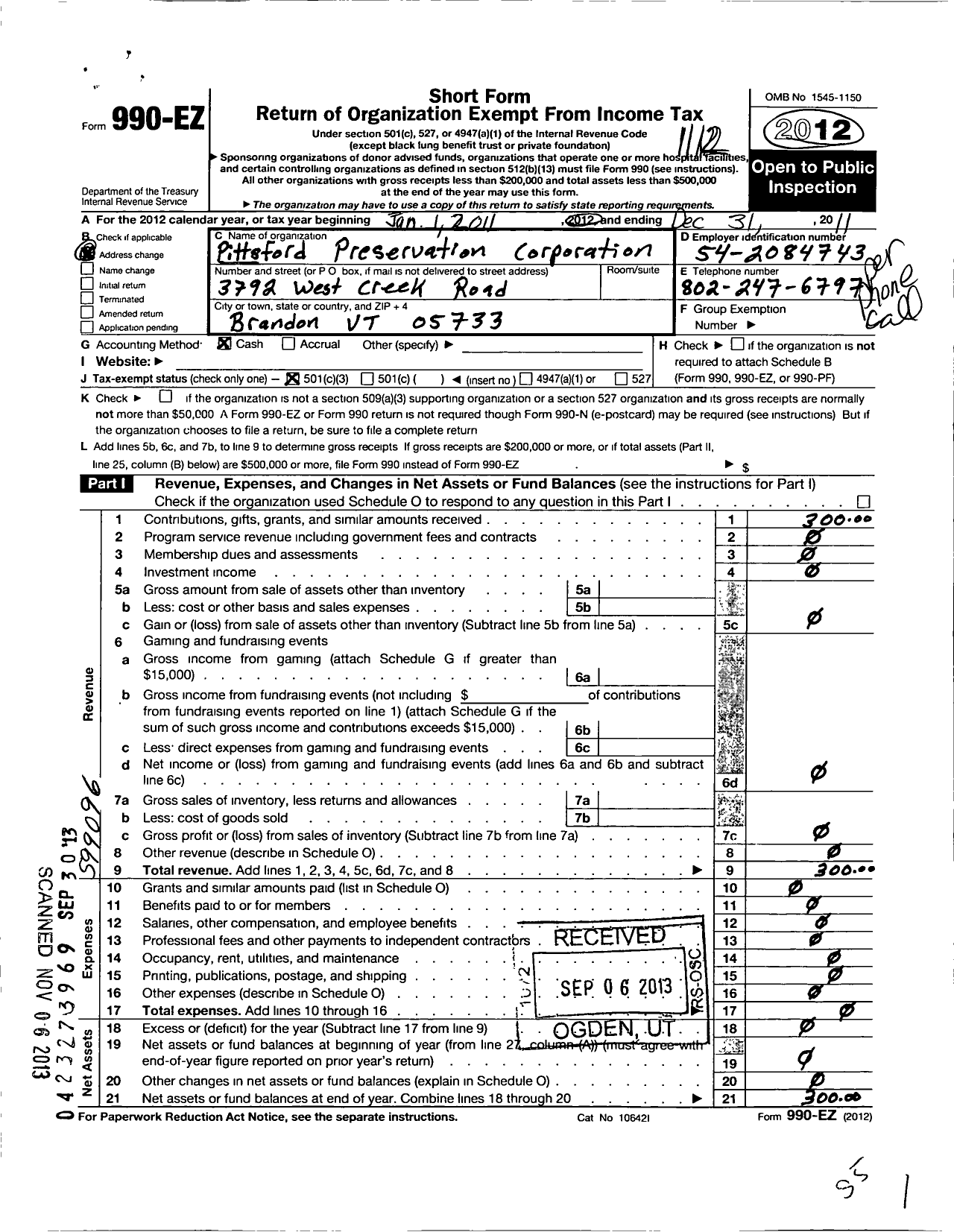 Image of first page of 2011 Form 990EZ for Pittsford Preservation Corporation