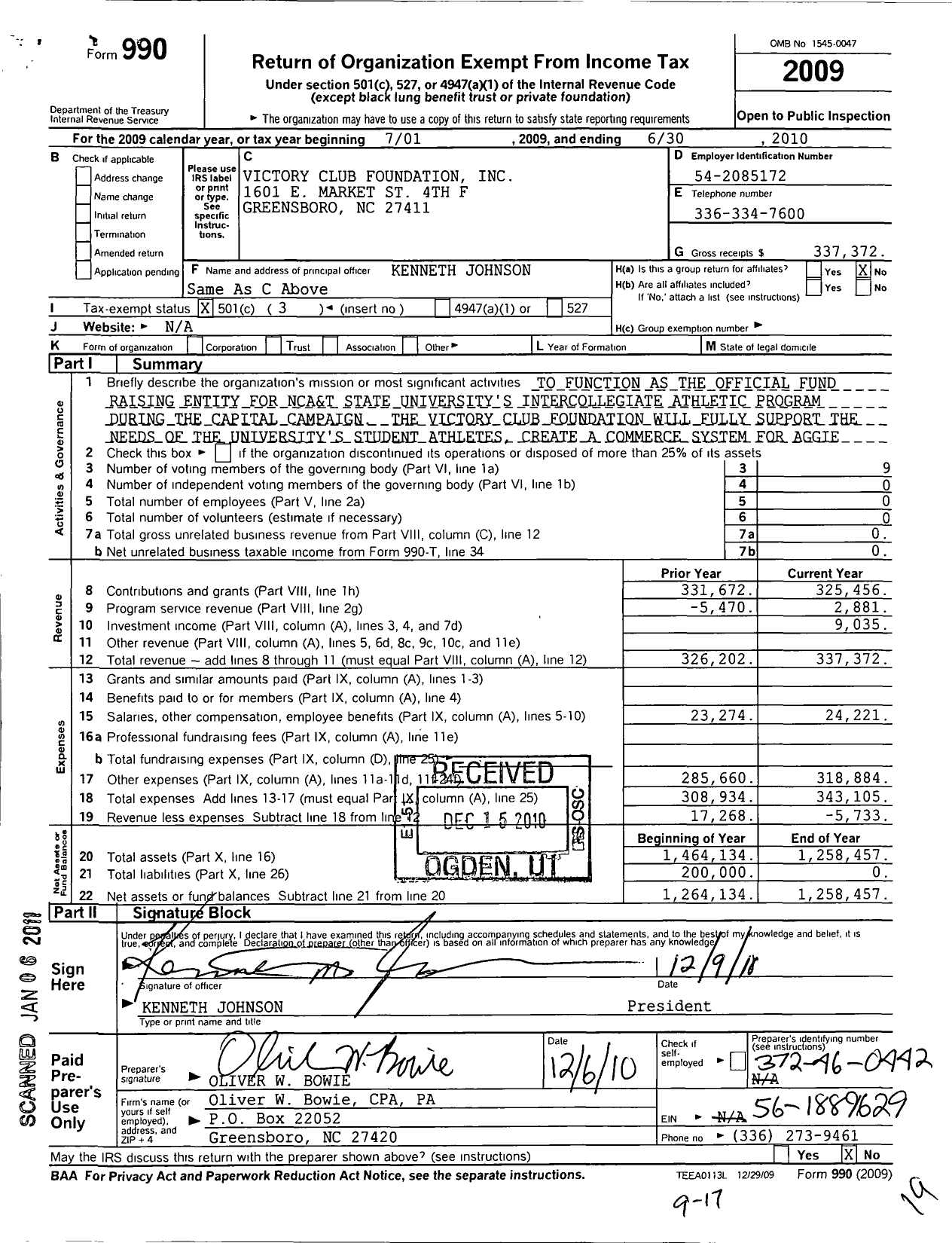 Image of first page of 2009 Form 990 for Victory Club Foundation