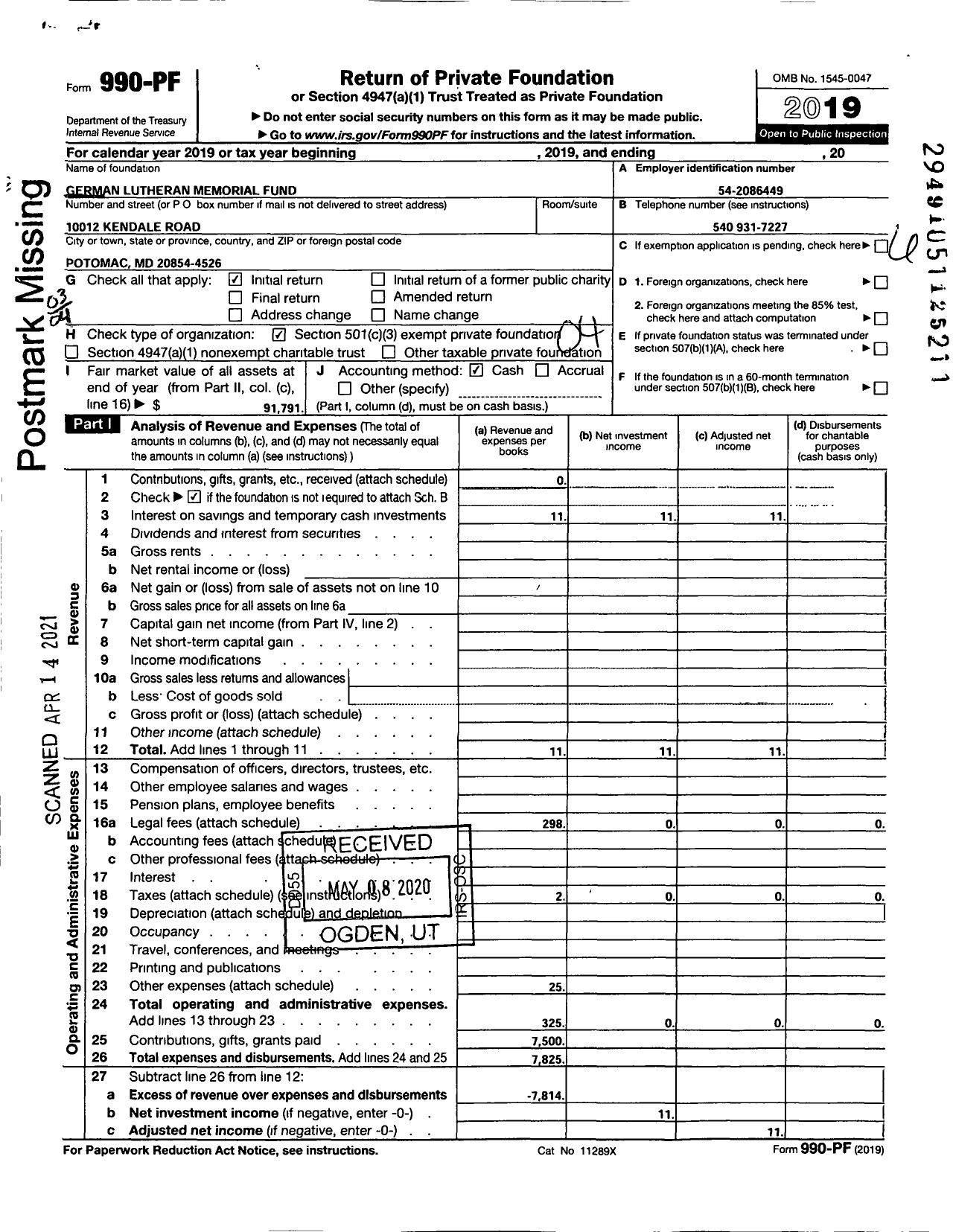 Image of first page of 2019 Form 990PF for German Lutheran Memorial Fund Corporation