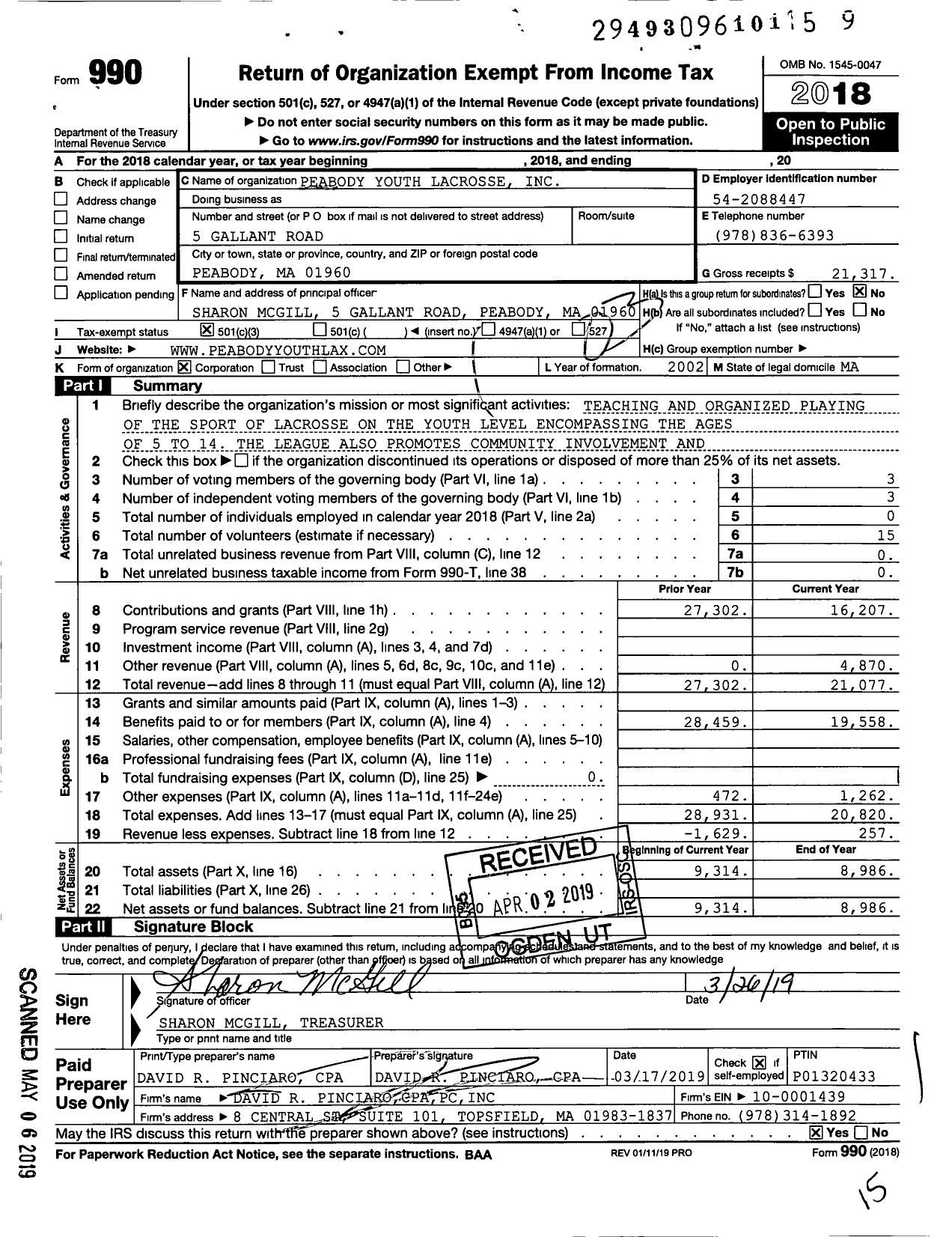 Image of first page of 2018 Form 990 for Peabody Youth Lacrosse