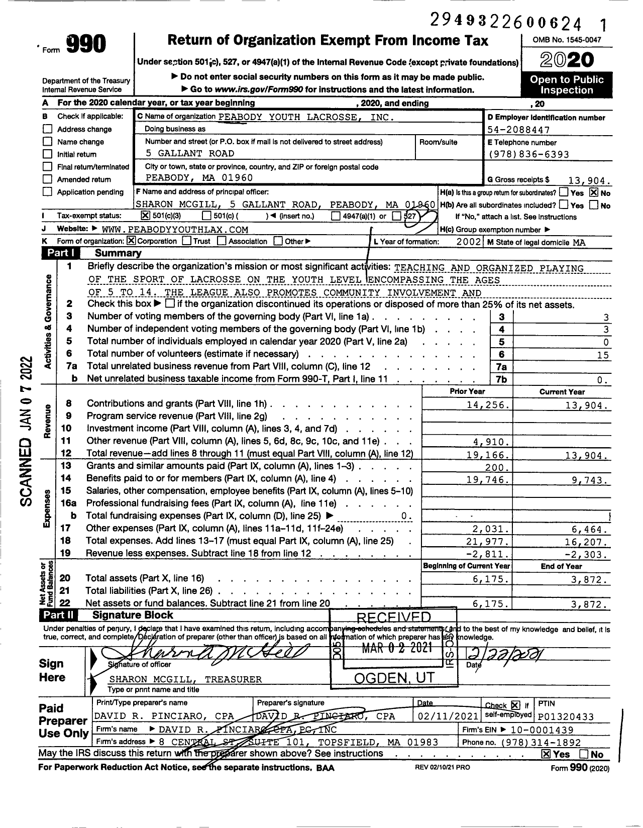 Image of first page of 2020 Form 990 for Peabody Youth Lacrosse