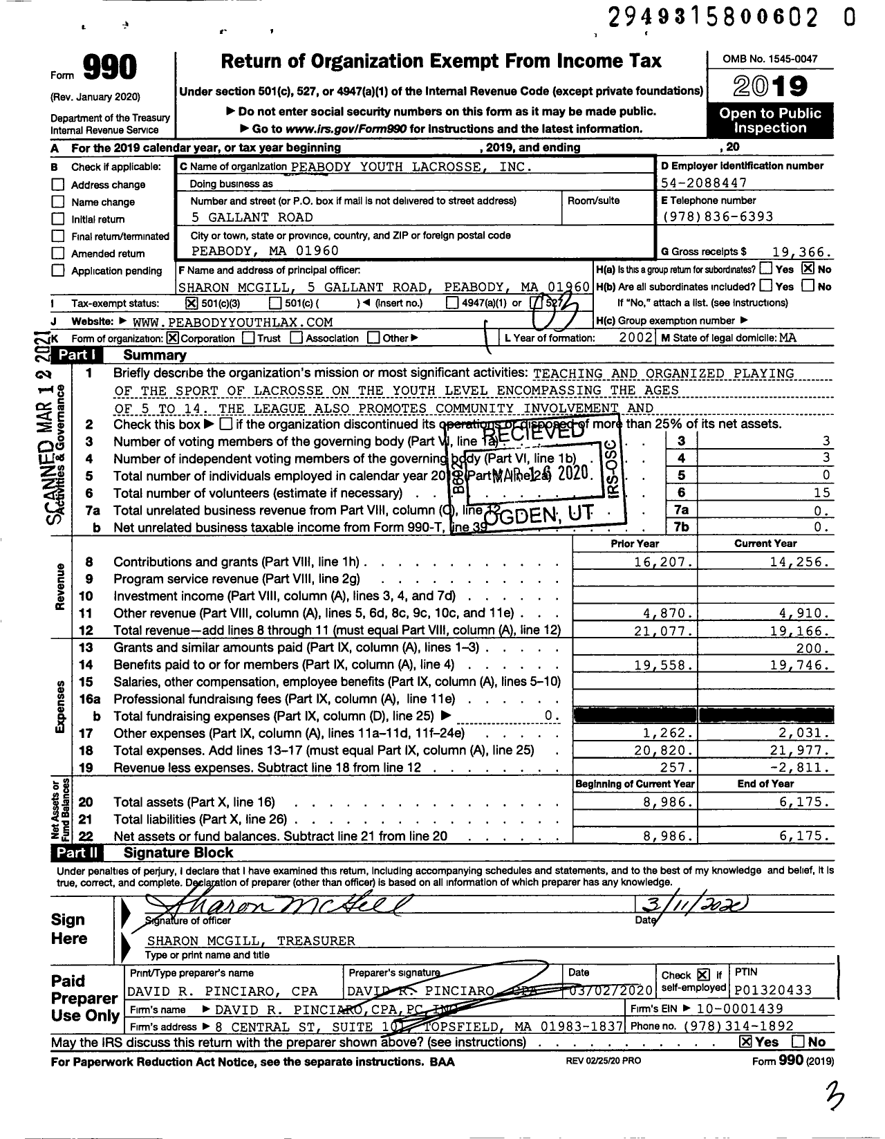 Image of first page of 2019 Form 990 for Peabody Youth Lacrosse