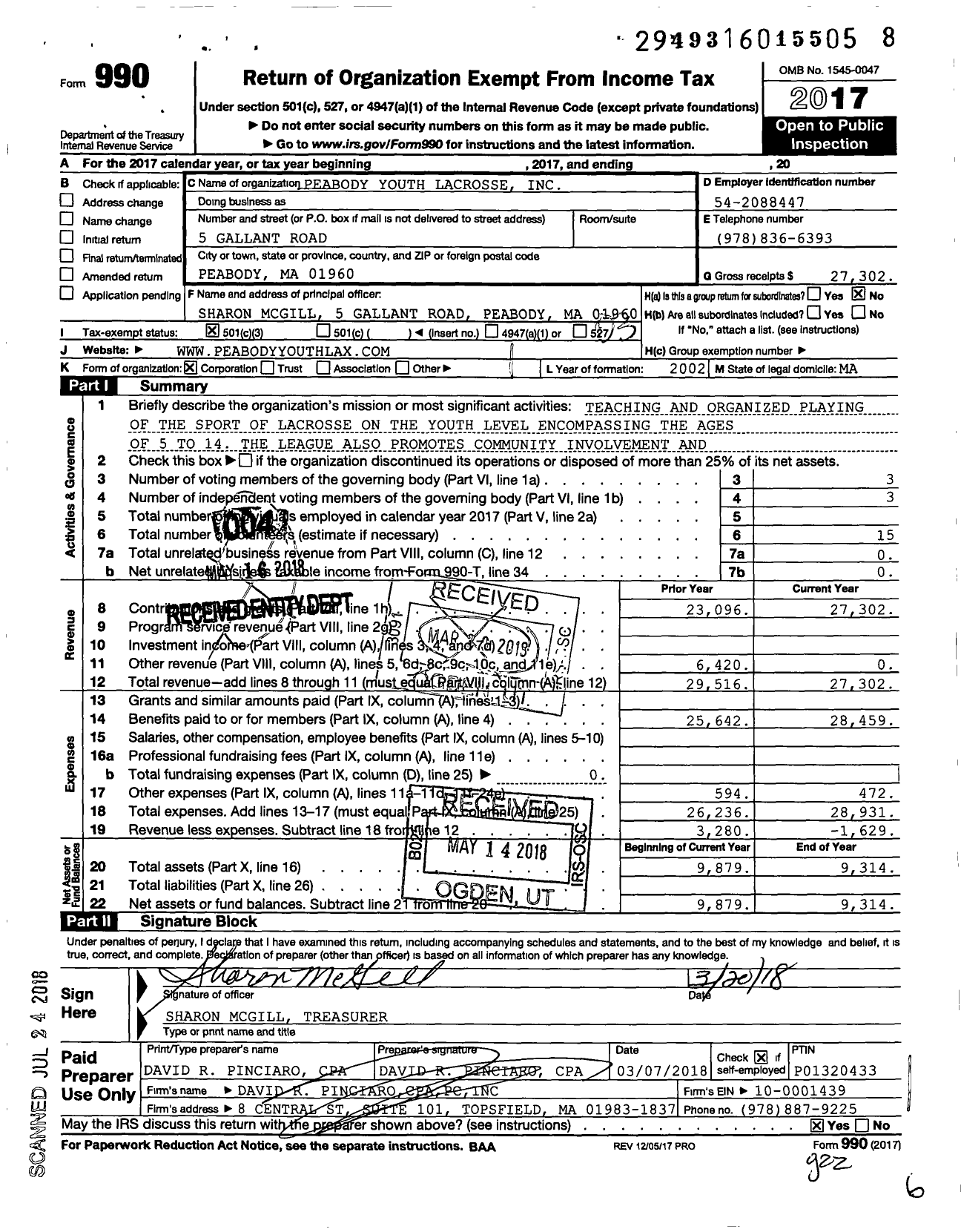 Image of first page of 2017 Form 990 for Peabody Youth Lacrosse