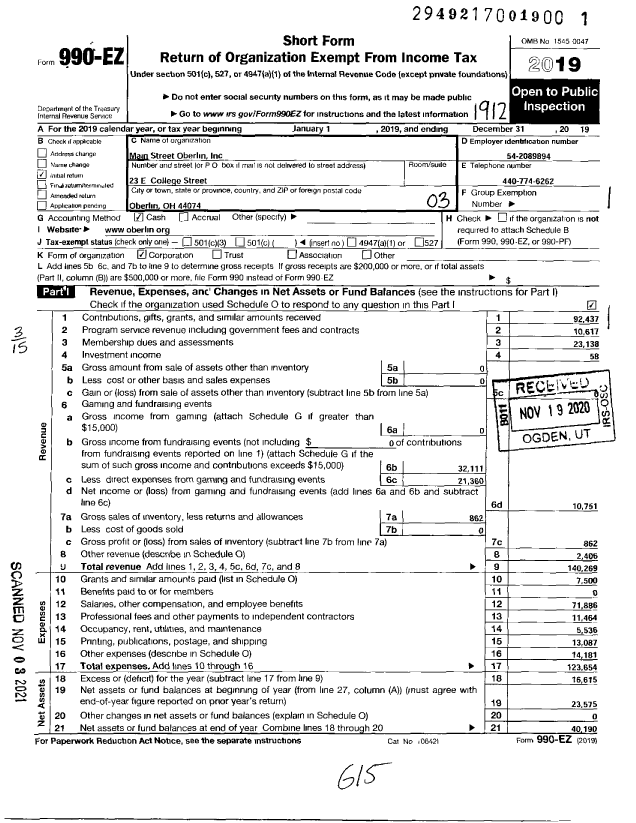 Image of first page of 2019 Form 990EZ for Main Street Oberlin