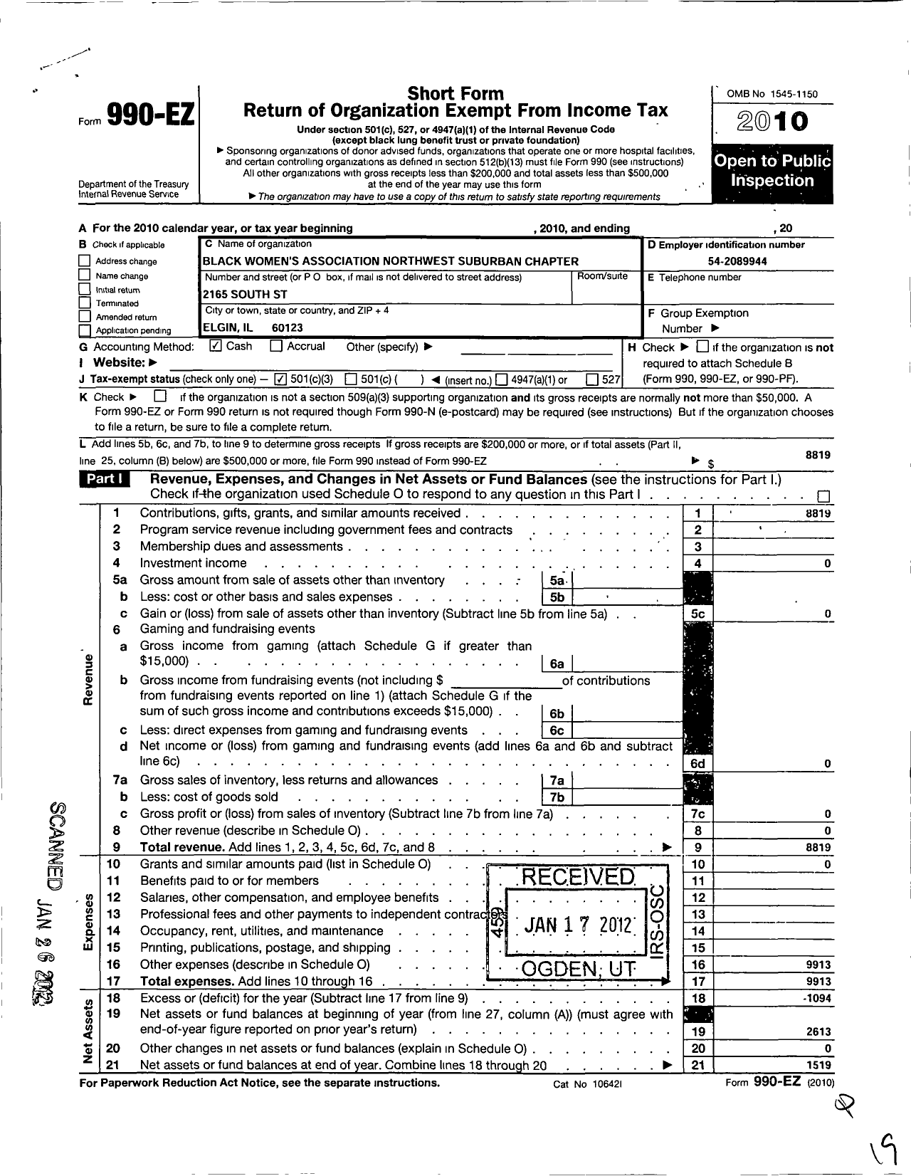 Image of first page of 2010 Form 990EZ for Black Womens Association Northwest Surburban Chapter