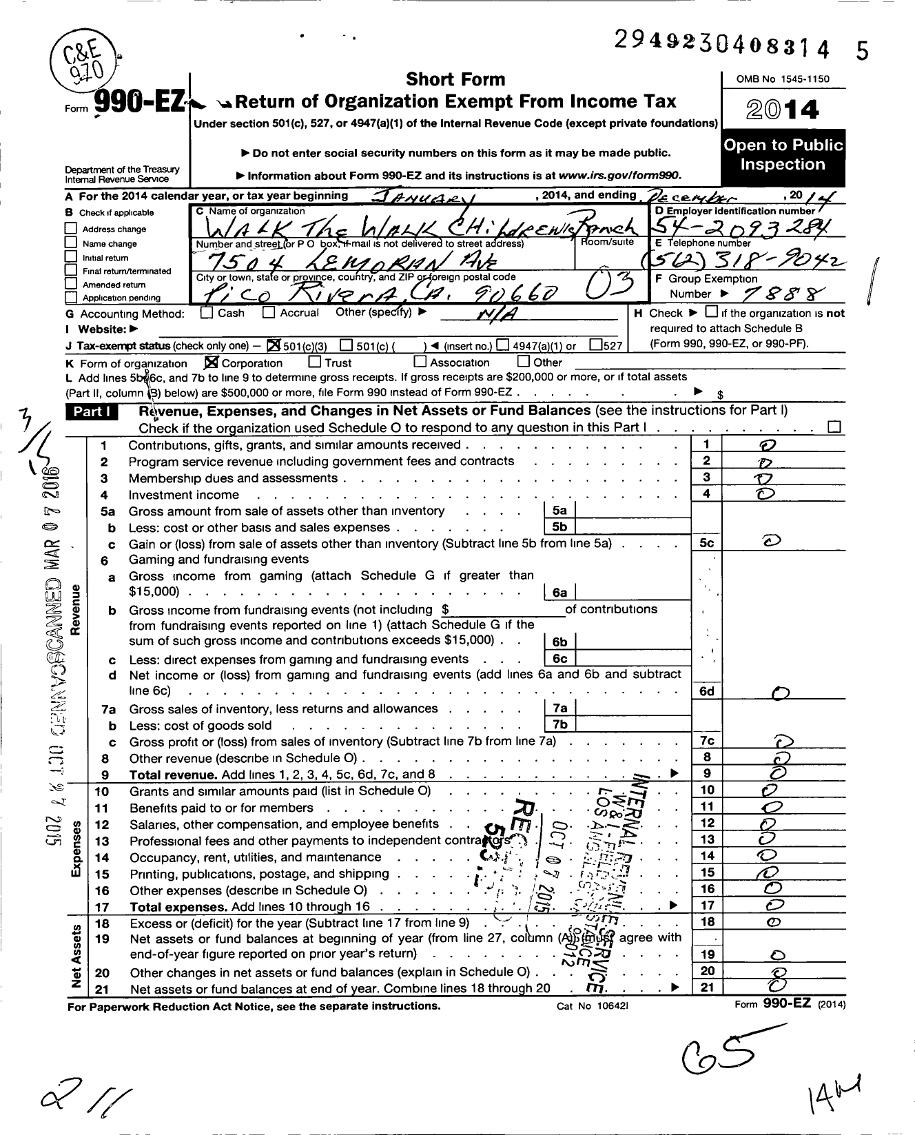 Image of first page of 2014 Form 990EZ for Walk the Walk Childrens Ranch