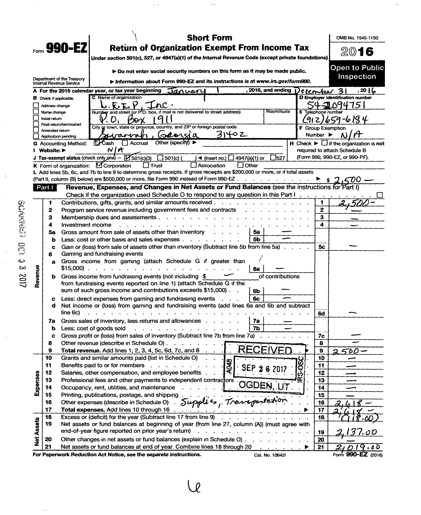 Image of first page of 2016 Form 990EZ for Leep