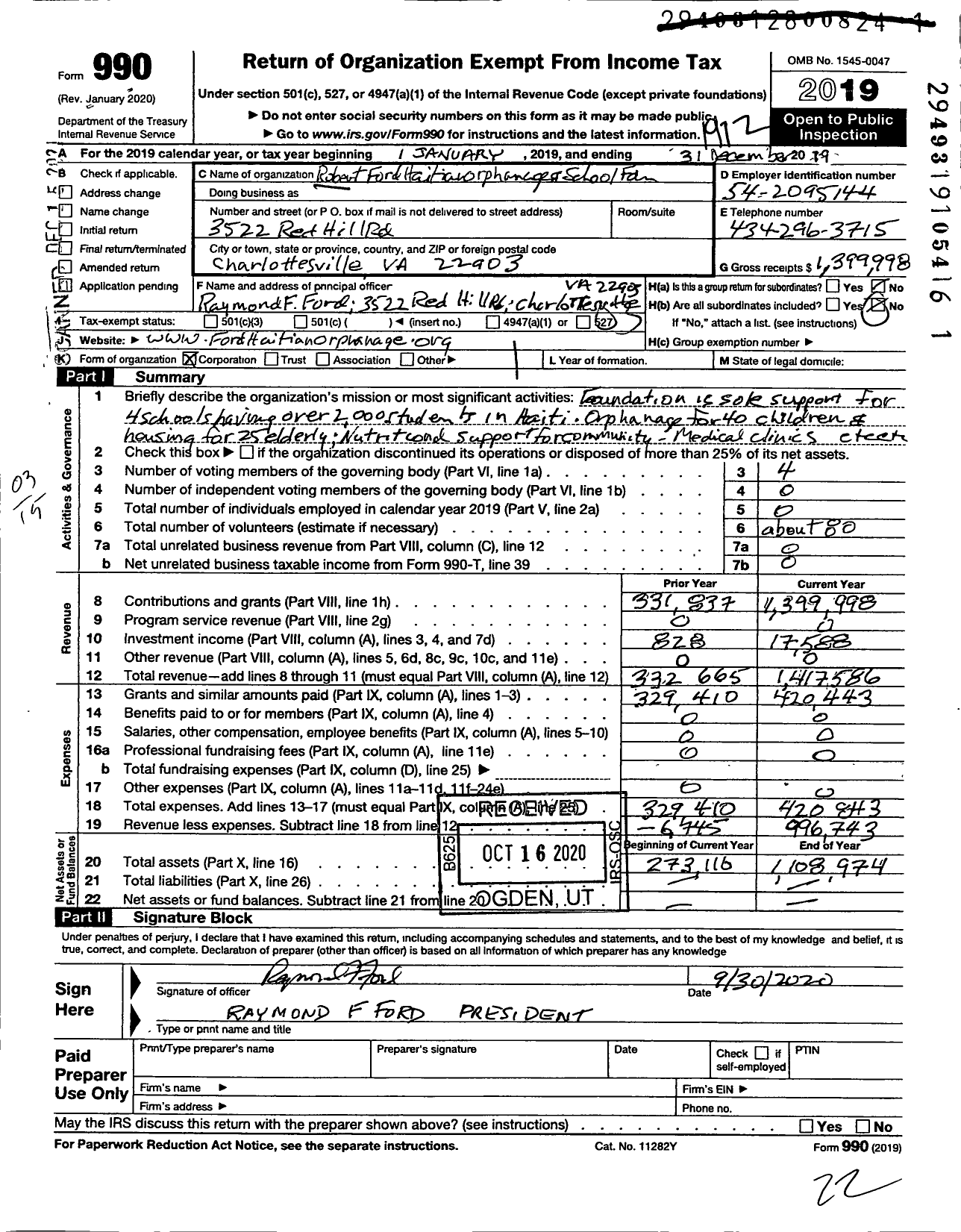 Image of first page of 2019 Form 990 for Robert Ford Haitian Orphanage and School Foundation