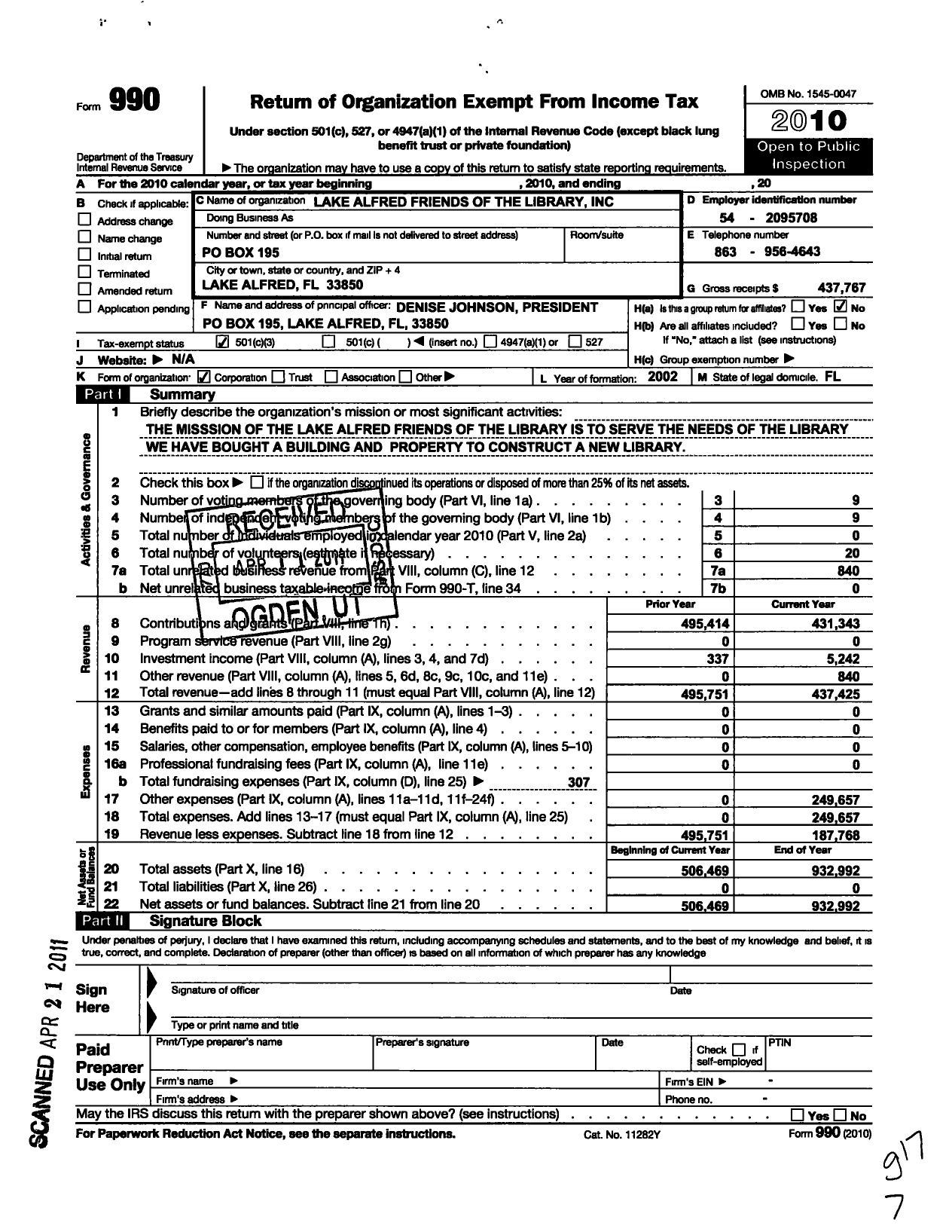 Image of first page of 2010 Form 990 for Lake Alfred Friends of the Library