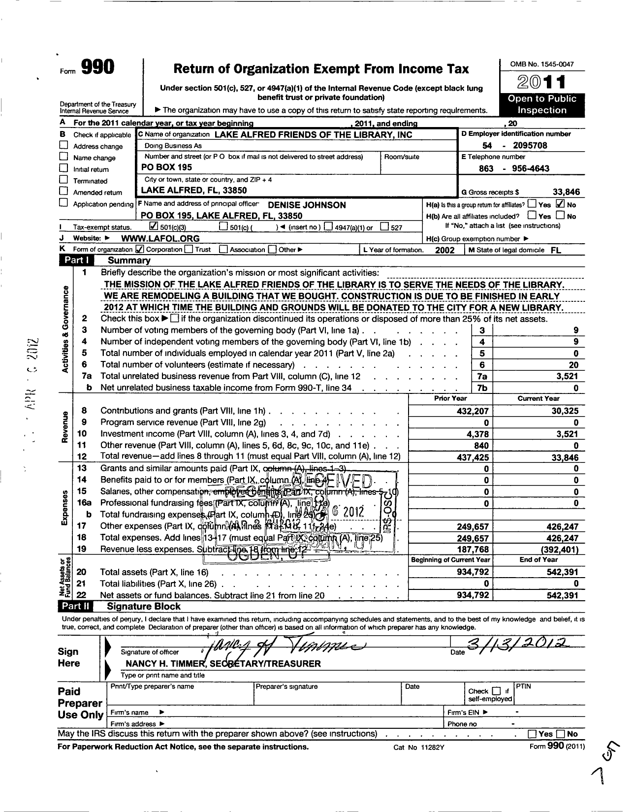 Image of first page of 2011 Form 990 for Lake Alfred Friends of the Library