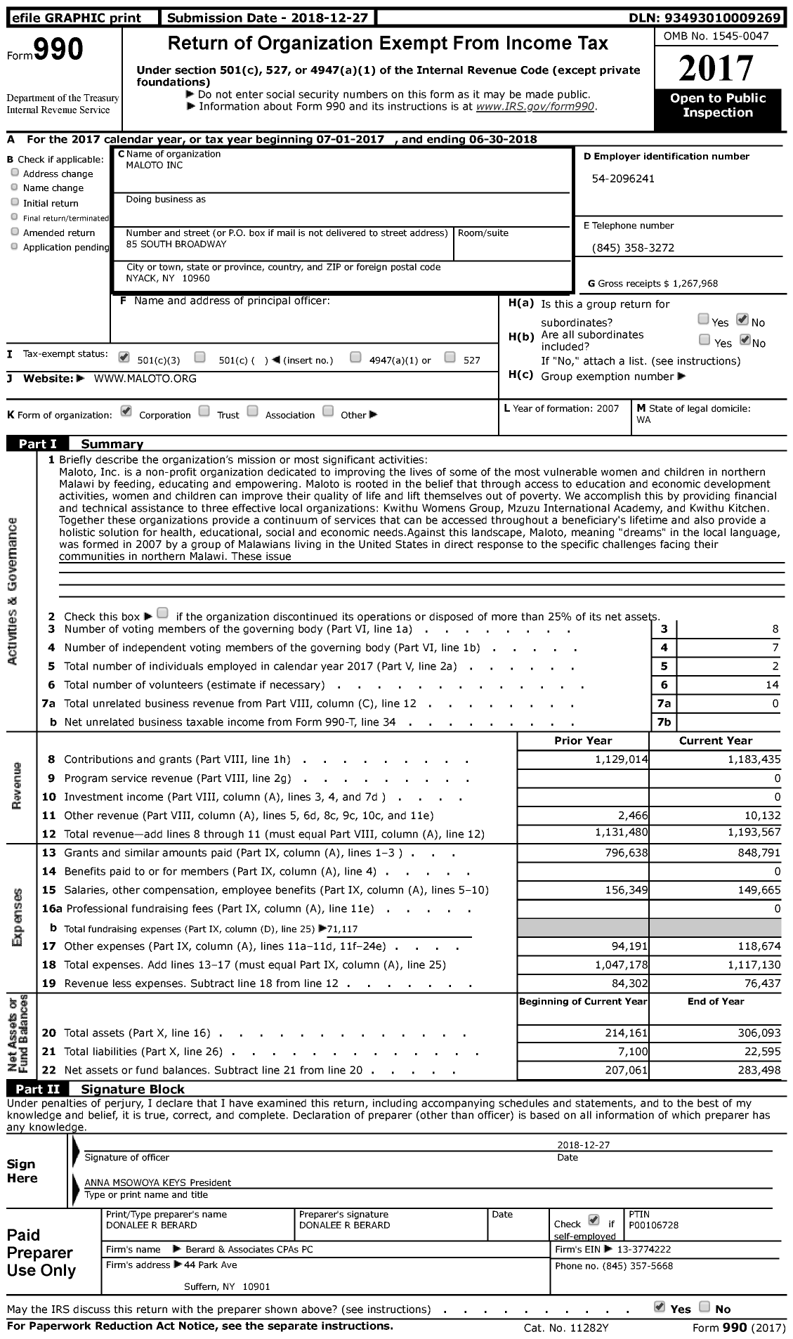 Image of first page of 2017 Form 990 for Maloto