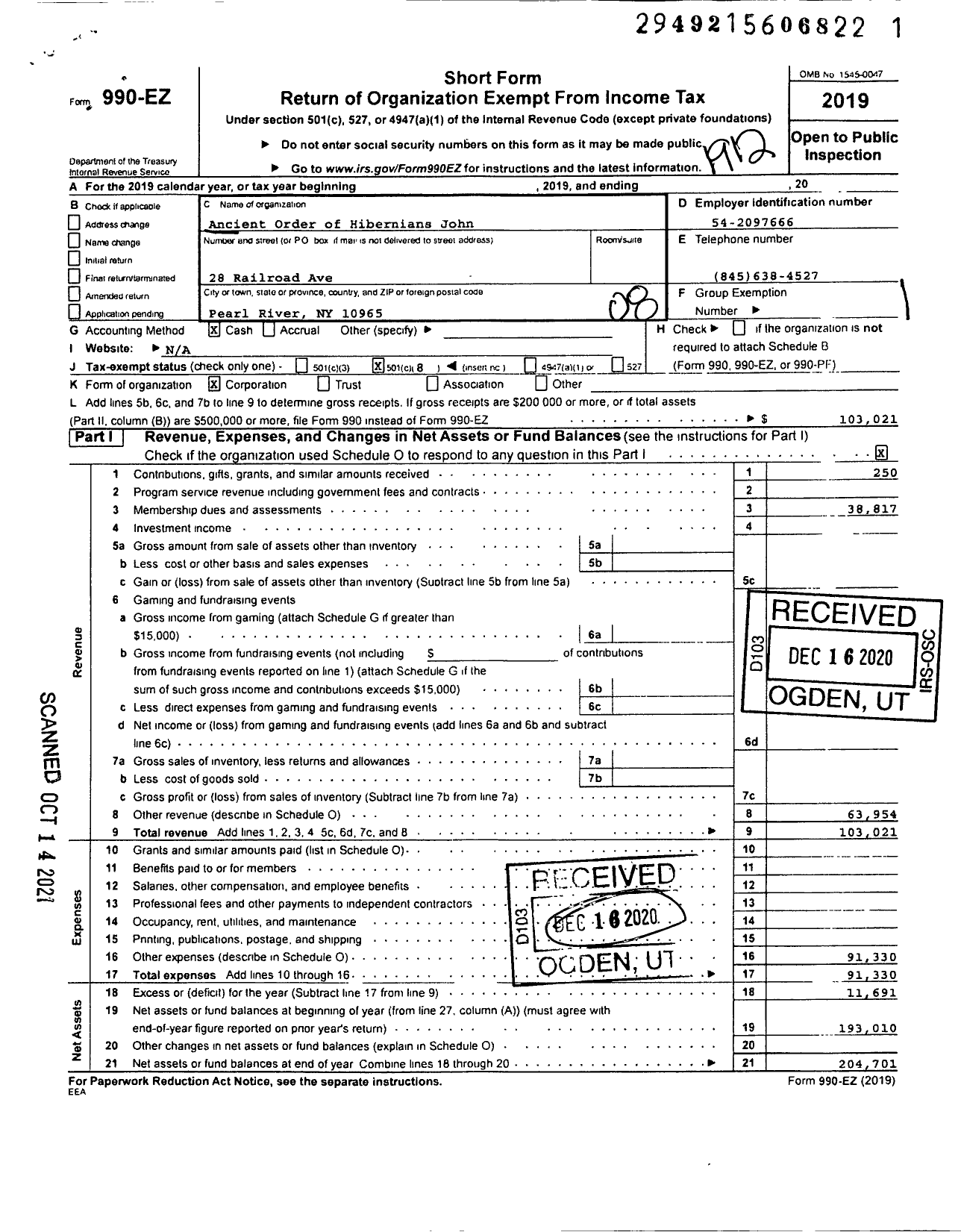 Image of first page of 2019 Form 990EO for Ancient Order of Hibernians in America - 30 Ro 03