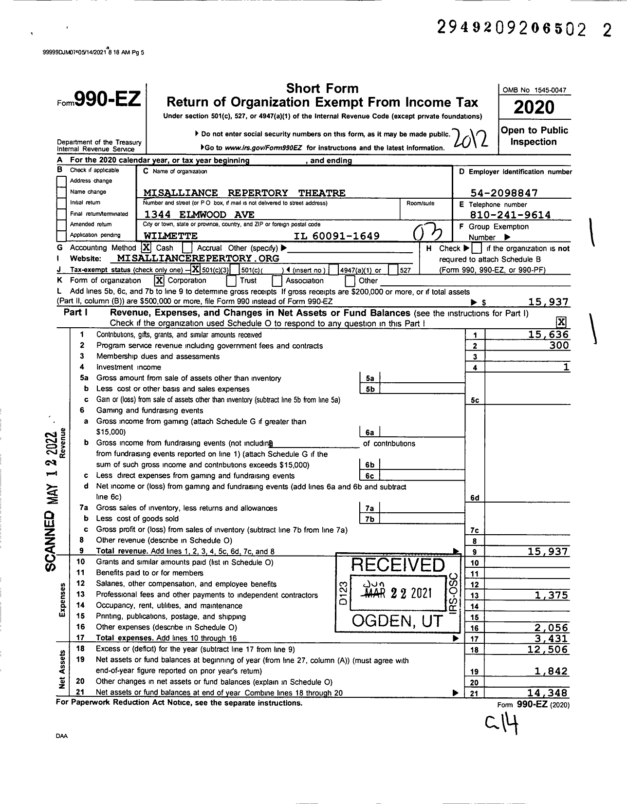 Image of first page of 2020 Form 990EZ for Misalliance Repertory Theatre