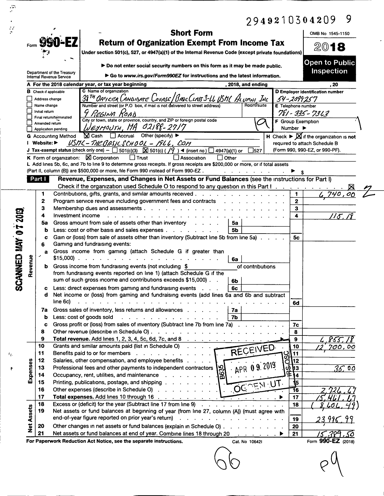 Image of first page of 2018 Form 990EO for 38th Occ-Bc 3-66 Alumni