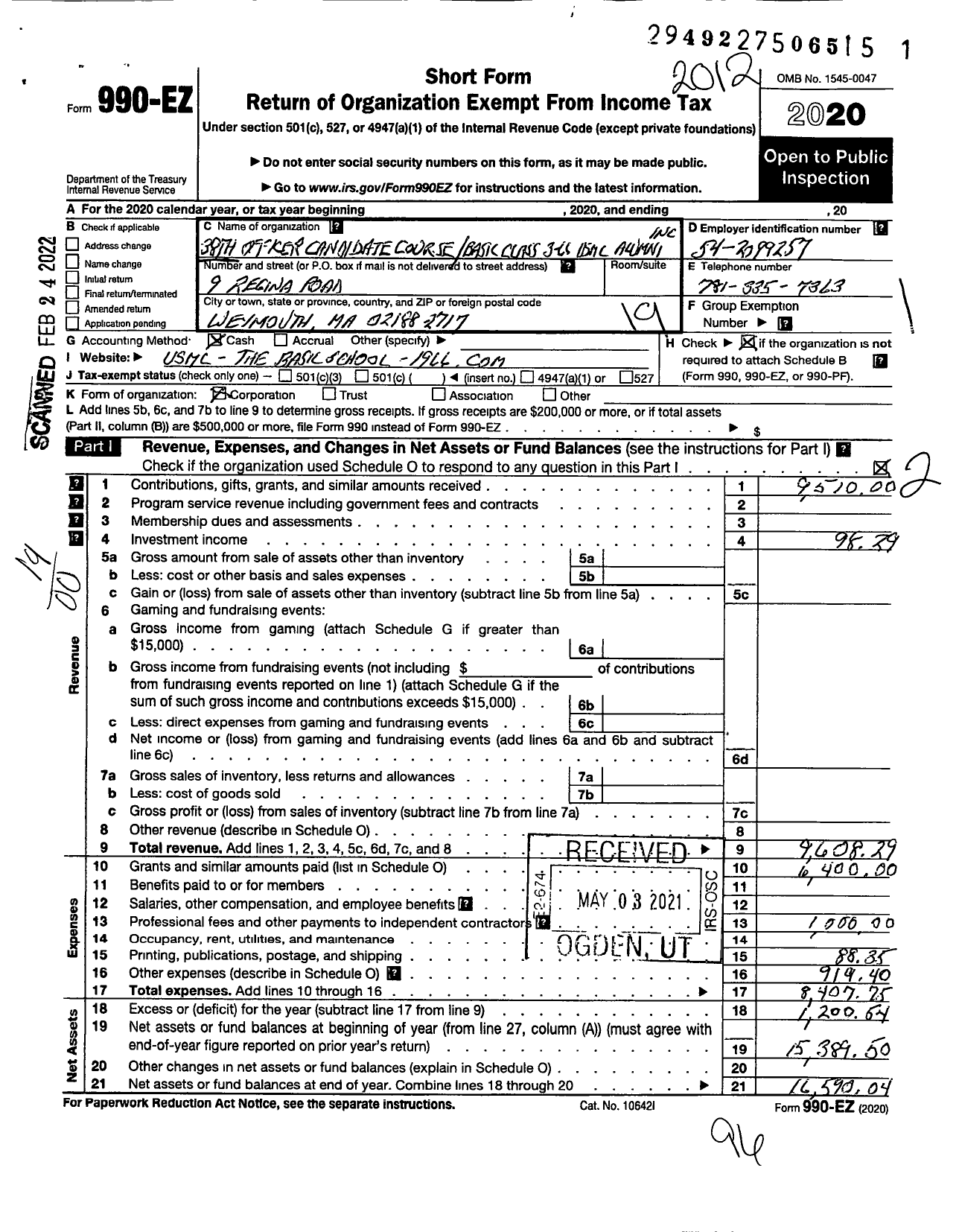 Image of first page of 2020 Form 990EO for 38th Occ-Bc 3-66 Alumni