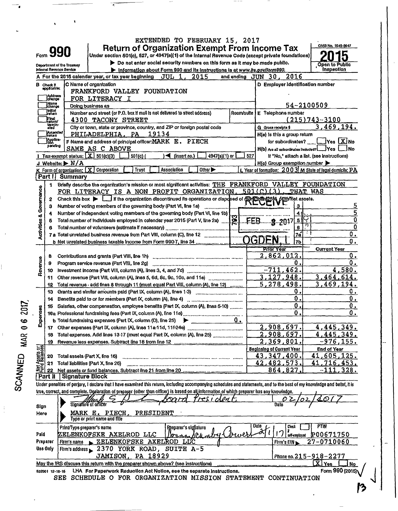 Image of first page of 2015 Form 990 for Frankford Valley Foundation for Literacy