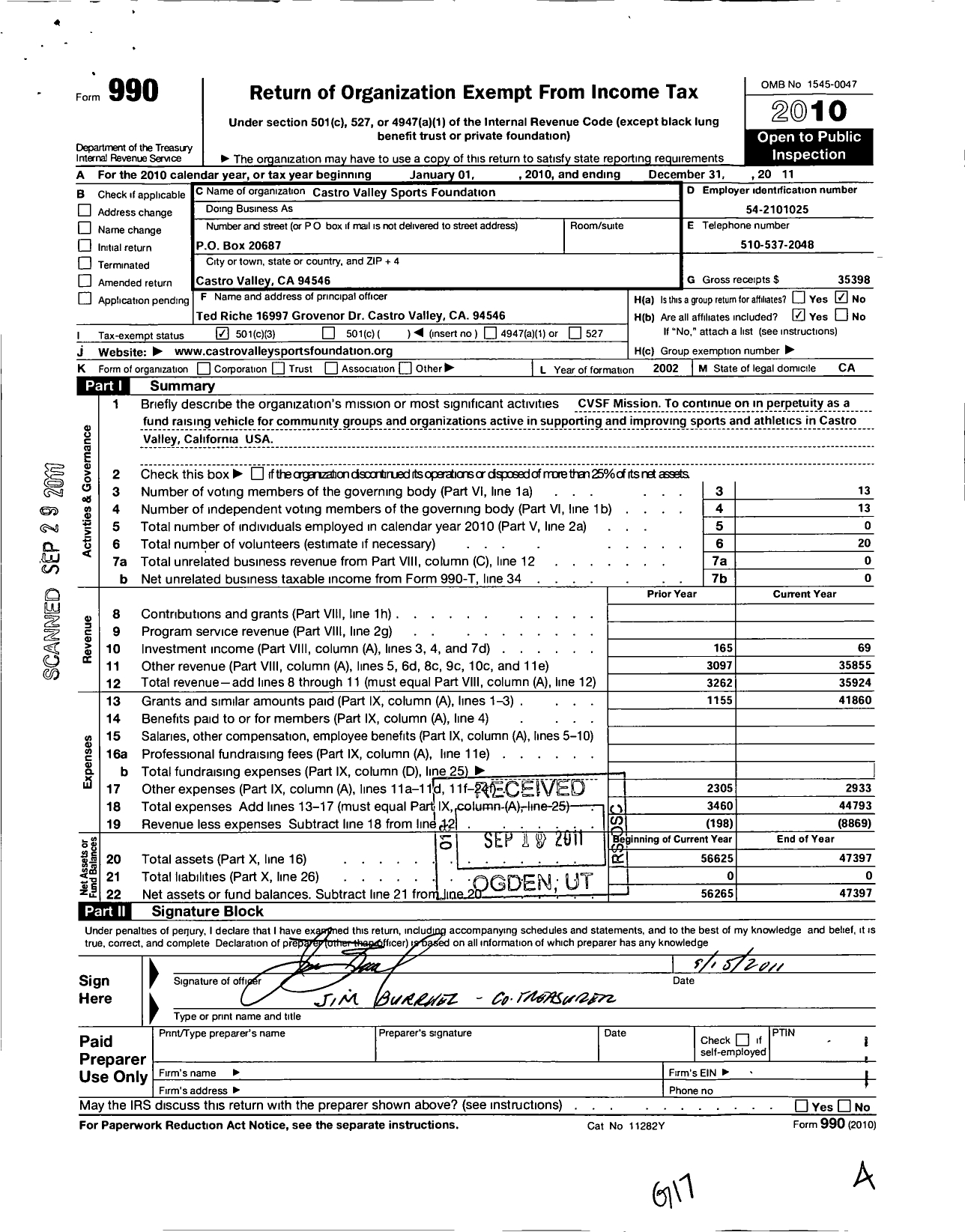 Image of first page of 2011 Form 990 for Castro Valley Sports Foundation