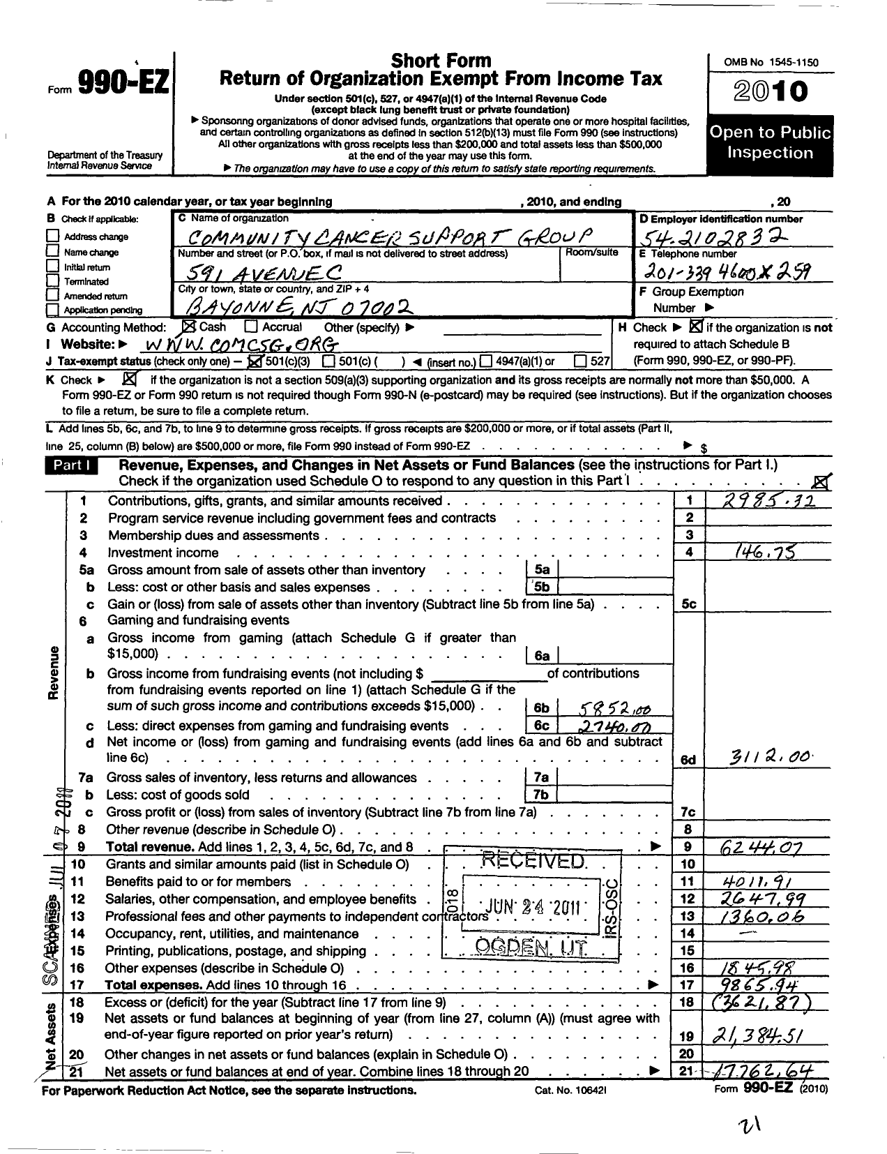 Image of first page of 2010 Form 990EZ for Community Cancer Support Group