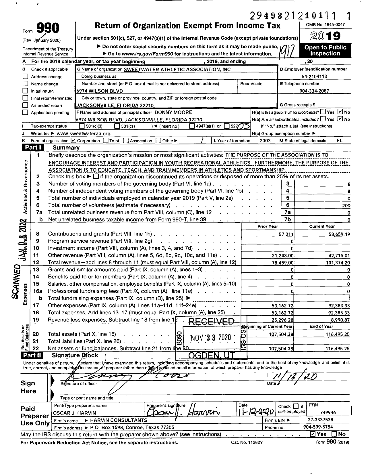 Image of first page of 2019 Form 990 for Sweetwater Athletic Association