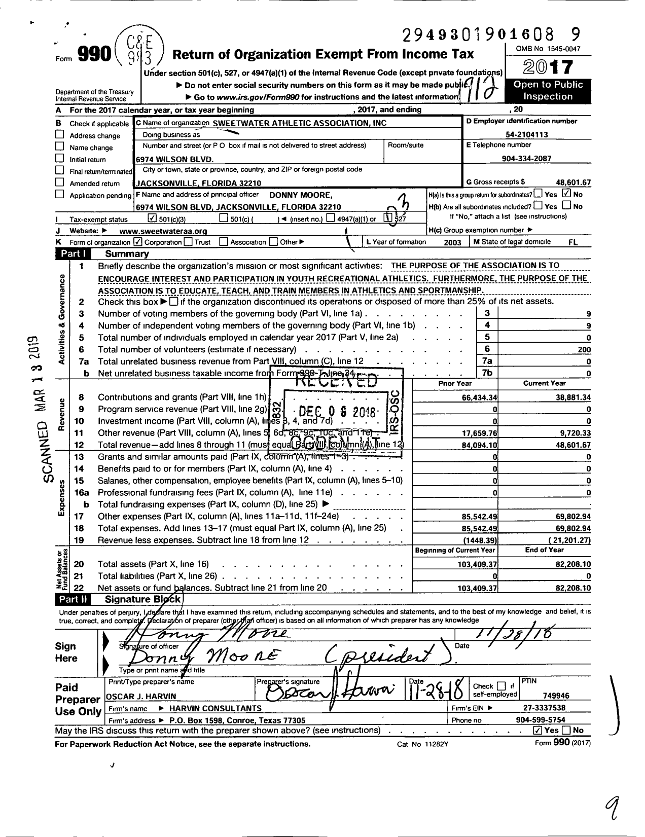 Image of first page of 2017 Form 990 for Sweetwater Athletic Association