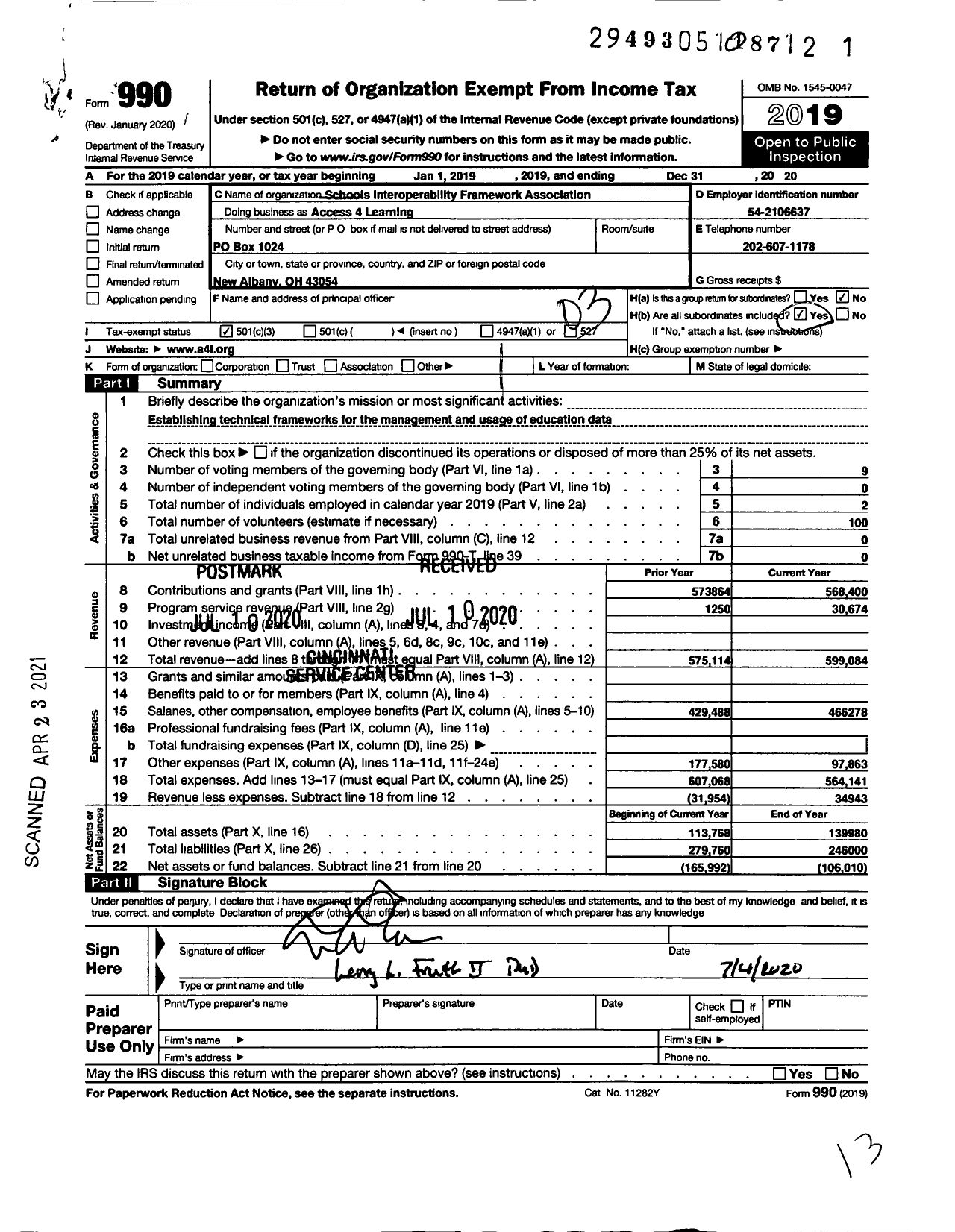 Image of first page of 2019 Form 990 for Schools Interoperability Framework Association