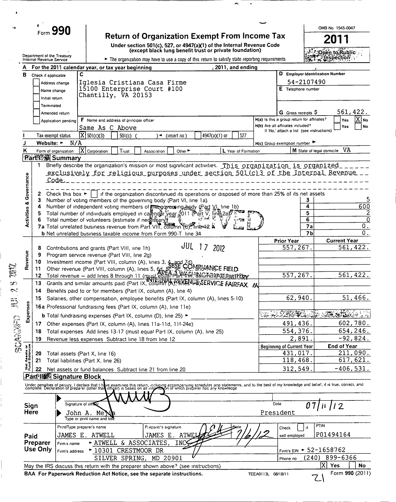 Image of first page of 2011 Form 990 for Iglesia Cristiana Casa Firme