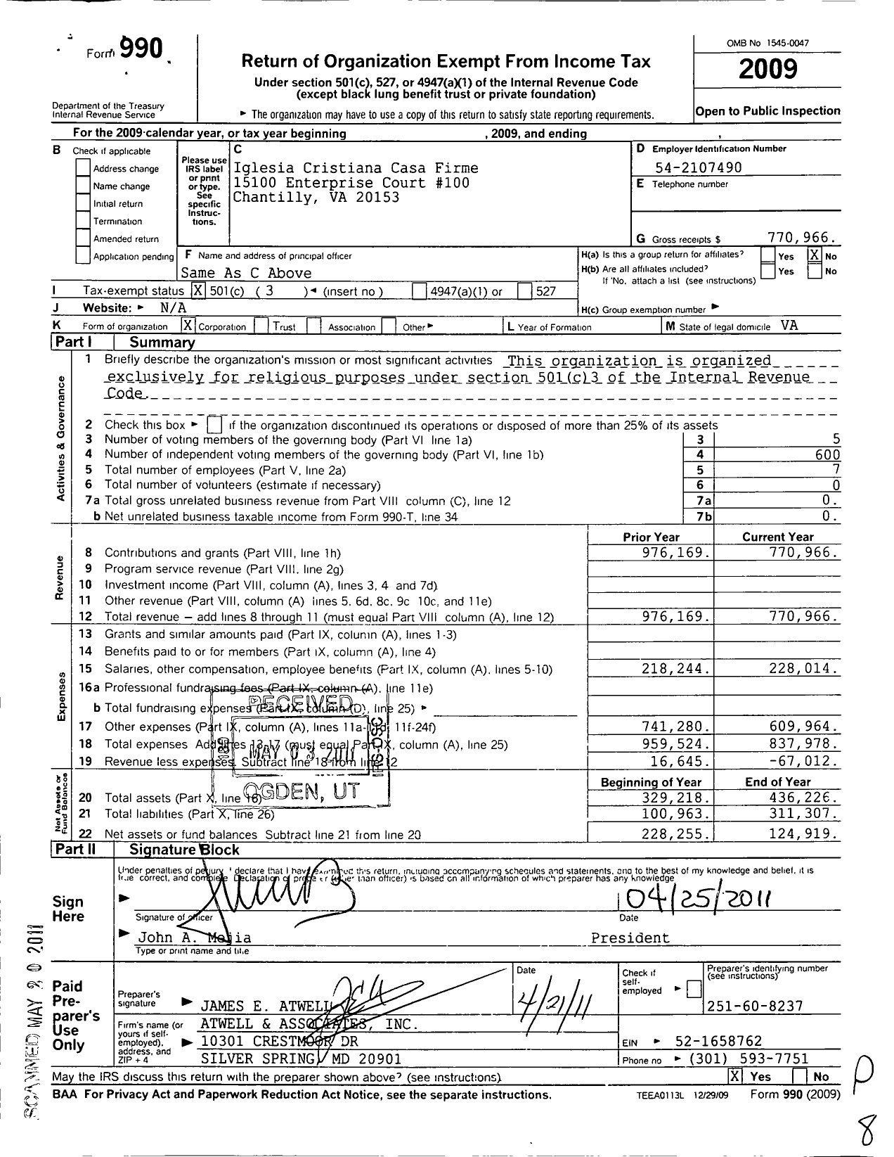 Image of first page of 2009 Form 990 for Iglesia Cristiana Casa Firme