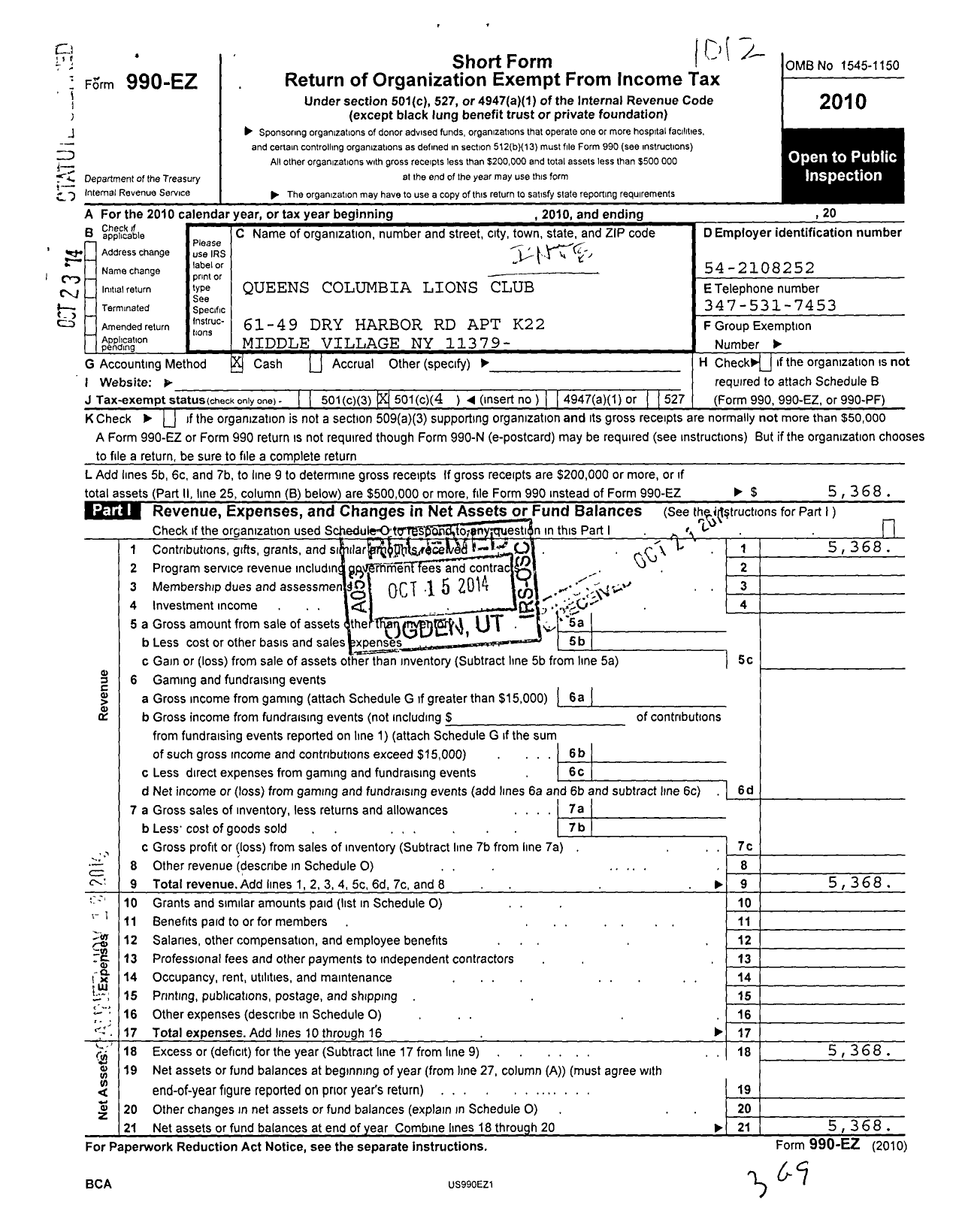 Image of first page of 2010 Form 990EO for Lions Clubs - 68803 Queens Colombia