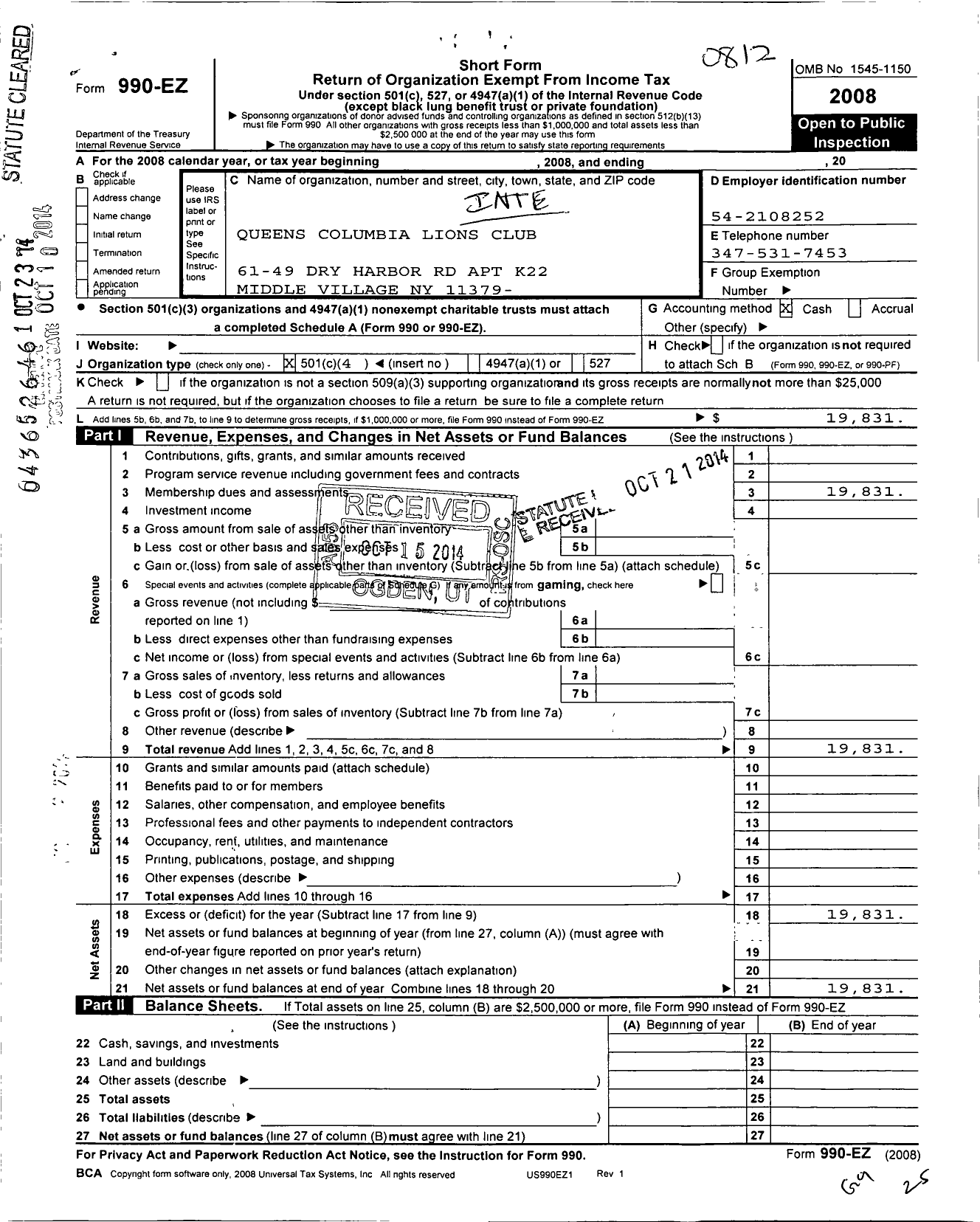 Image of first page of 2008 Form 990EO for Lions Clubs - 68803 Queens Colombia