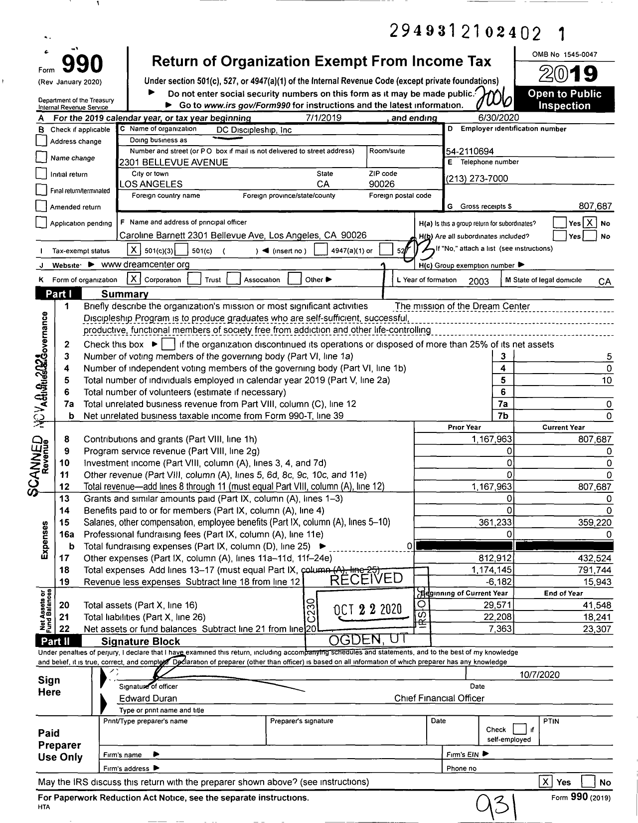 Image of first page of 2019 Form 990 for DC Discipleship