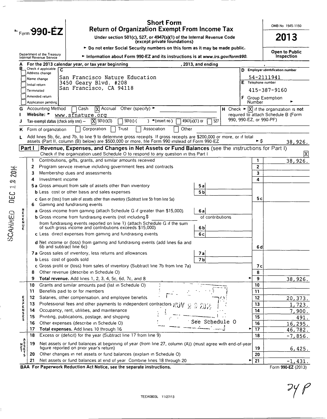 Image of first page of 2013 Form 990EZ for San Francisco Nature Education