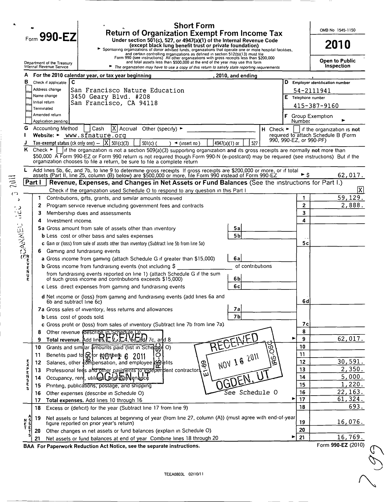 Image of first page of 2010 Form 990EZ for San Francisco Nature Education