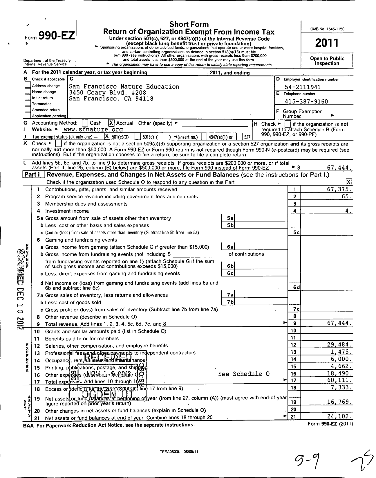 Image of first page of 2011 Form 990EZ for San Francisco Nature Education