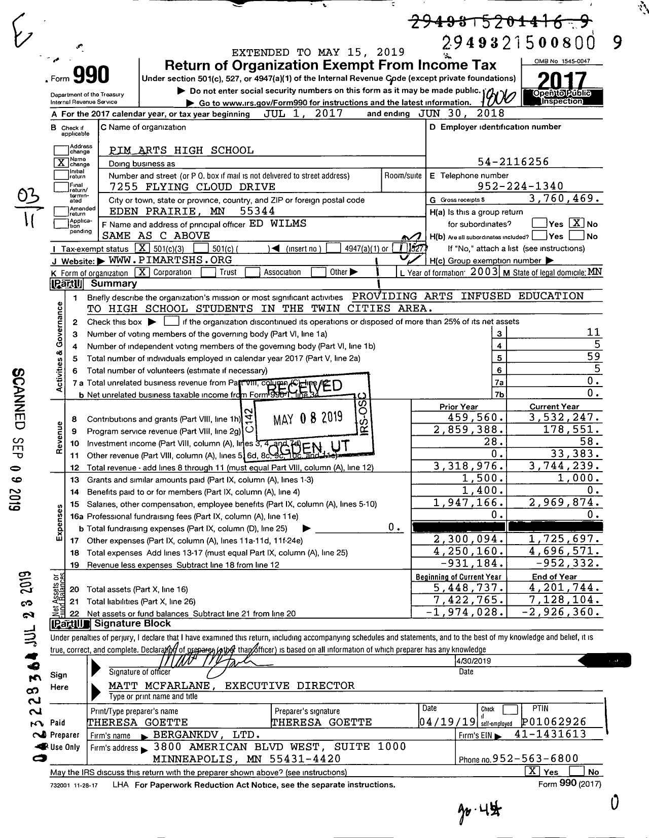 Image of first page of 2017 Form 990 for PiM Arts High School