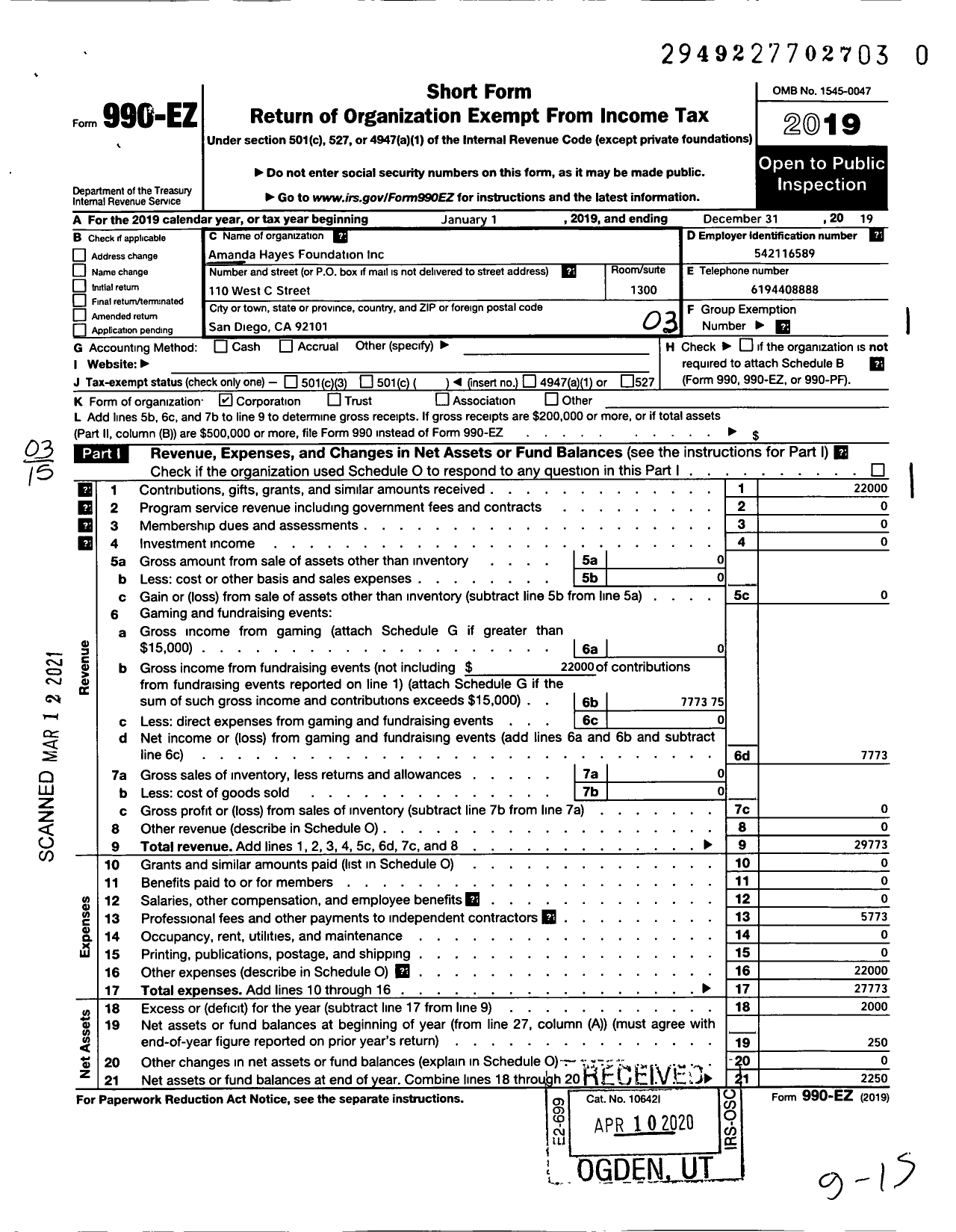 Image of first page of 2019 Form 990EZ for Amanda Hayes Foundation