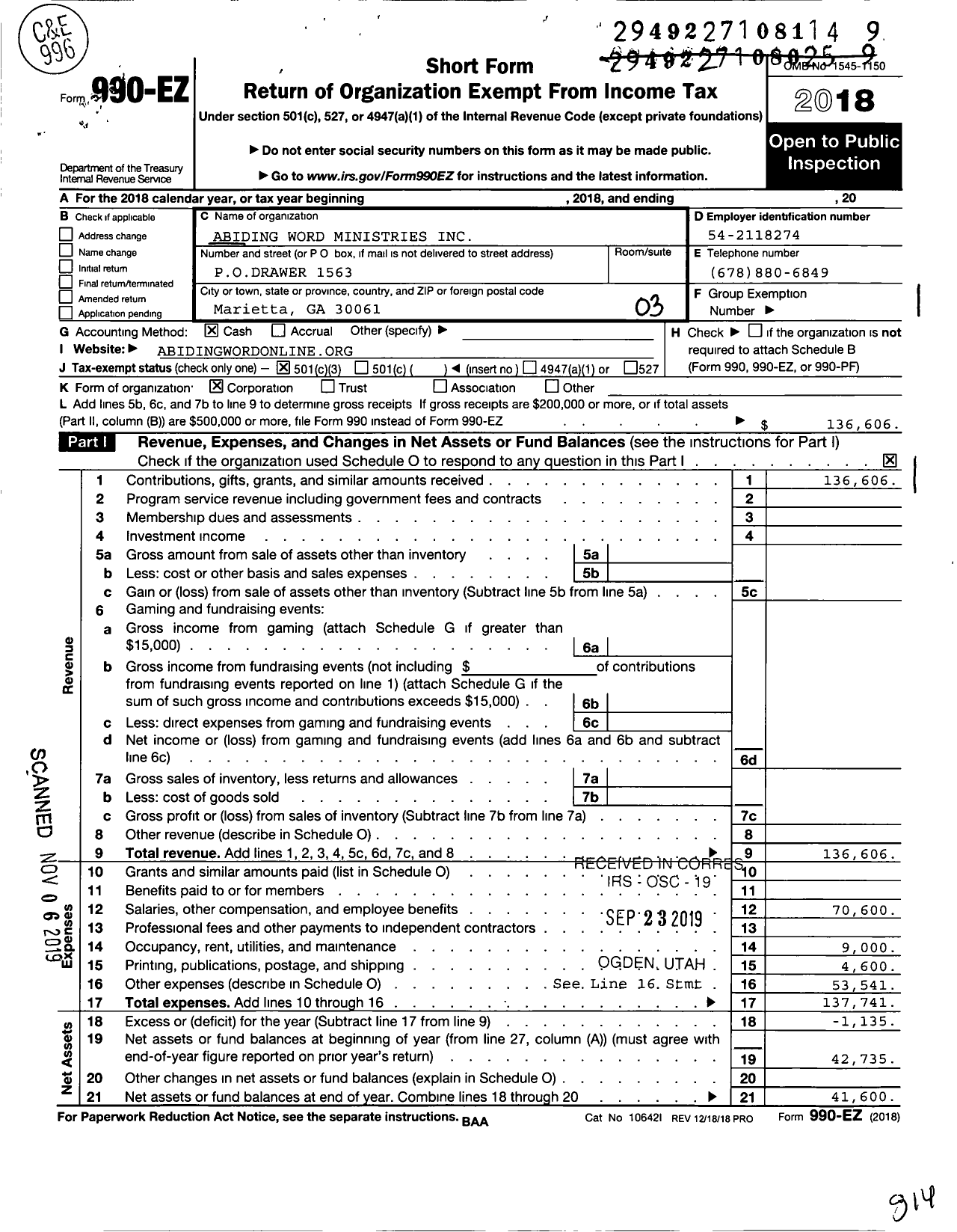 Image of first page of 2018 Form 990EZ for Abiding Word Ministries